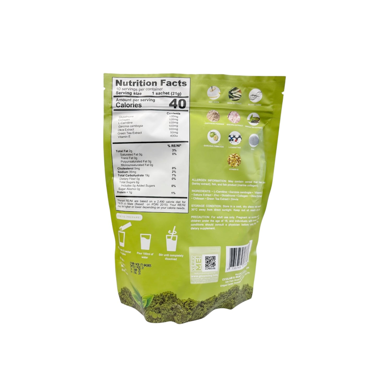 Generic Glowming Milky Matcha Glutathione and Collagen Drink Powder, 7 Sachets