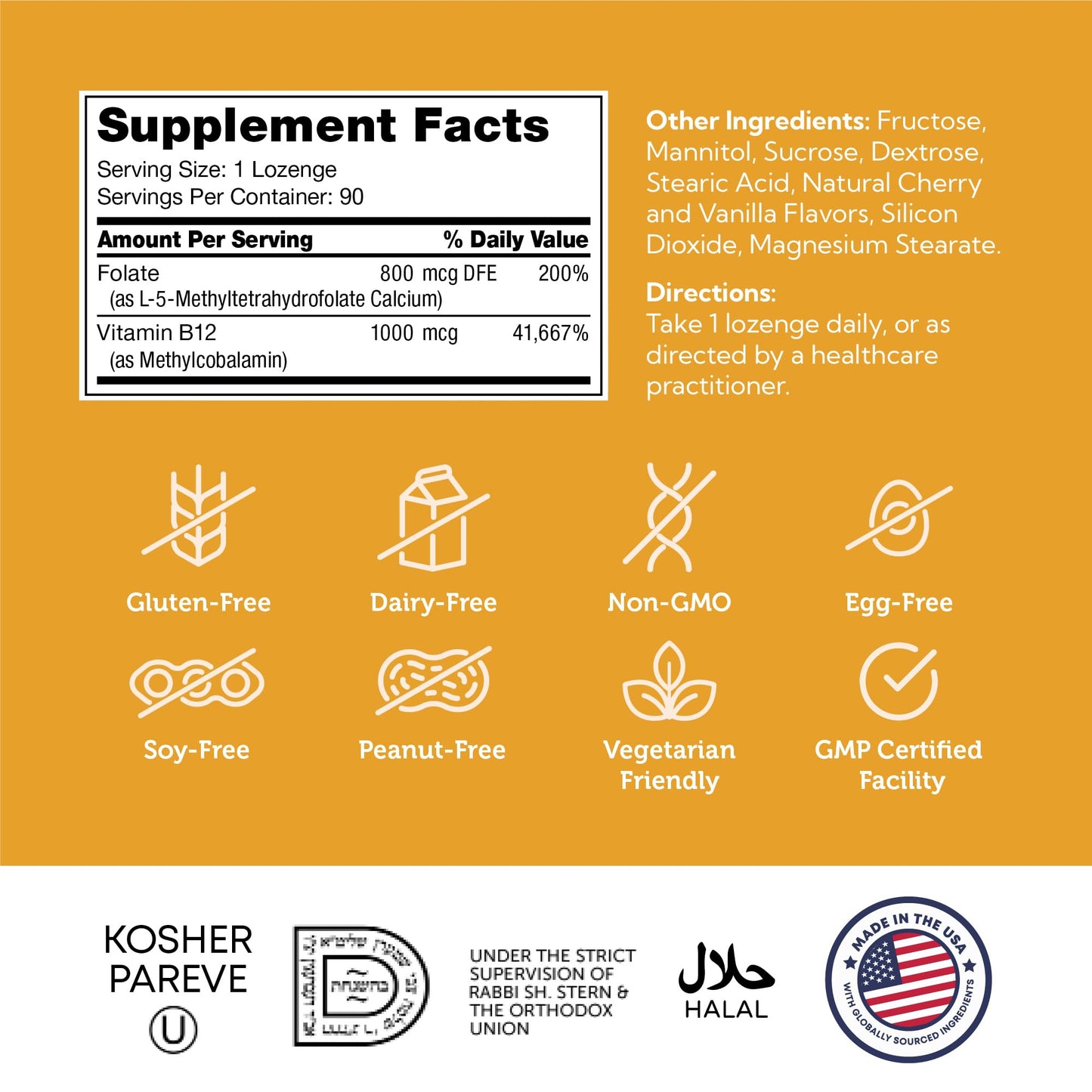 Zahler Energizer Folate & B12 Supplement Tablet, Methylated B12 & Folate, 90 Count