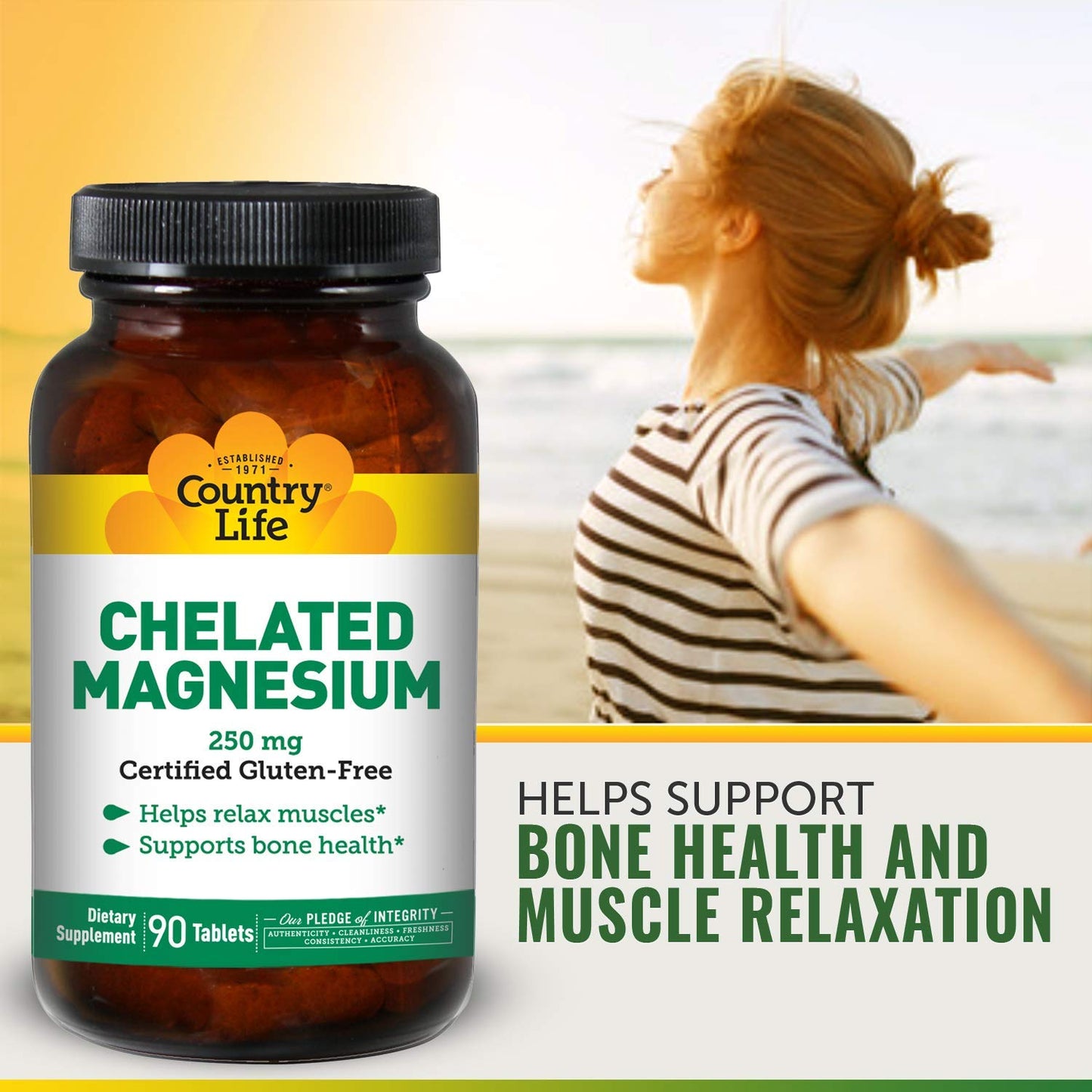 Country Life Chelated Magnesium 250 mg Tablets, 90 Count