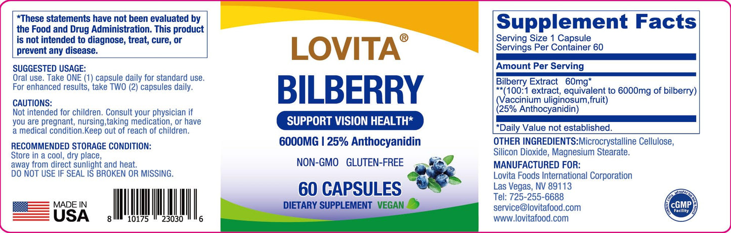LOVITA Bilberry Extract Capsules, 60 Count