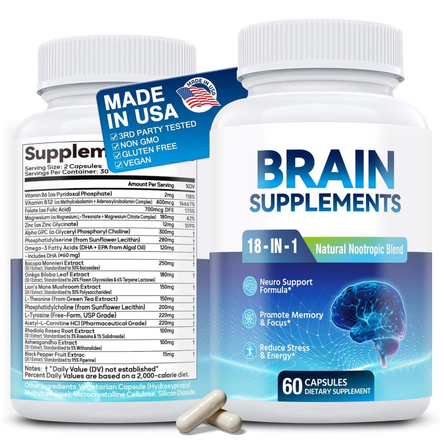 Fenolutra 18-in-1 Brain Supplement for Memory and Focus, Capsules, 60 Count
