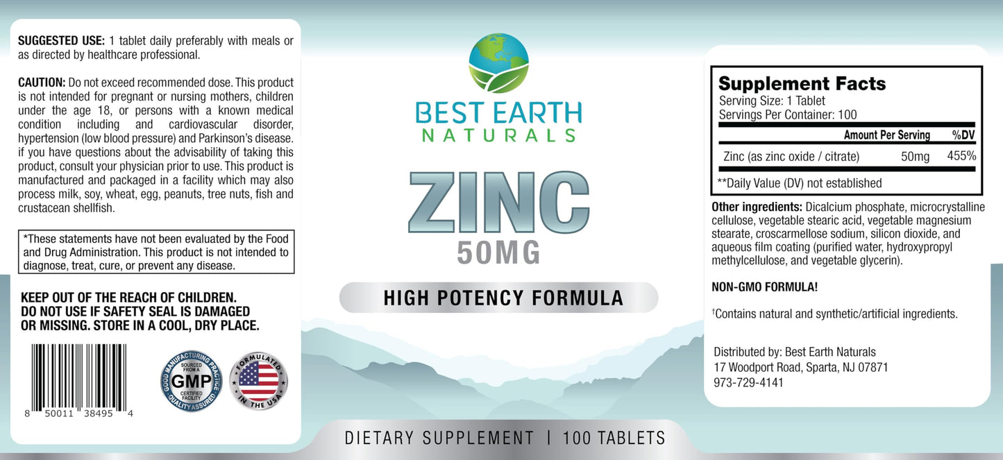 Best Earth Naturals Zinc Supplements 50 mg Capsule 100 Count