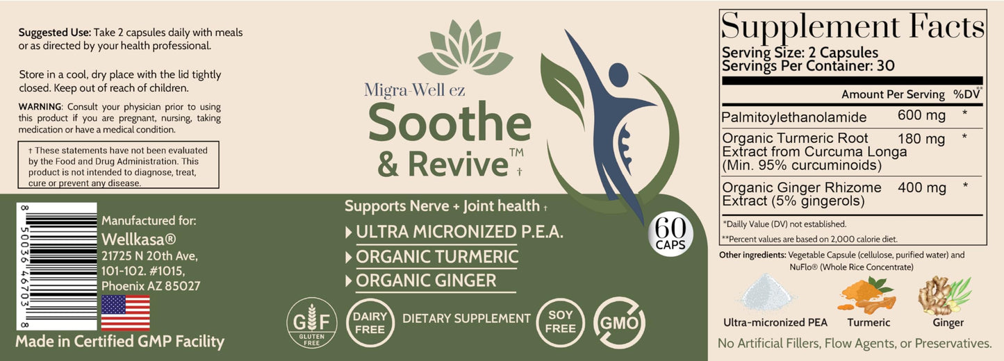 Wellkasa Soothe & Revive Ultra-Micronized PEA (Palmitoylethanolamide) 600mg with Organic Turmeric & Ginger, Nerve Support & Joint Health Supplement for Men & Women, Non-GMO, Gluten-Free, 60 Capsules