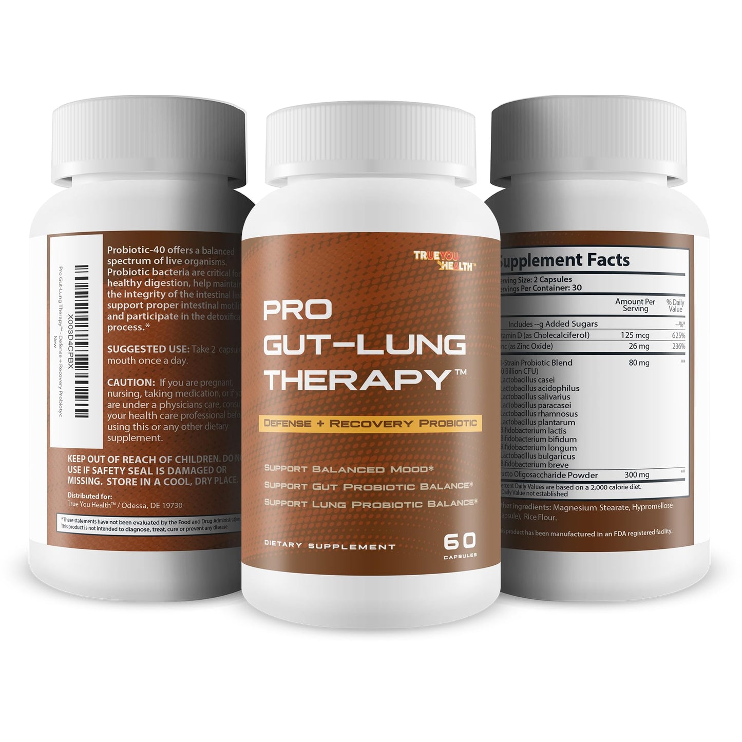 True You Health Pro Gut-Lung Therapy Probiotic Mood Support - Defense + Recovery Probiotic - Support Balanced Mood - Support Gut Probiotic Balance - Support Lung Probiotic Balance - Overall Health Support Capsule, 1 Count