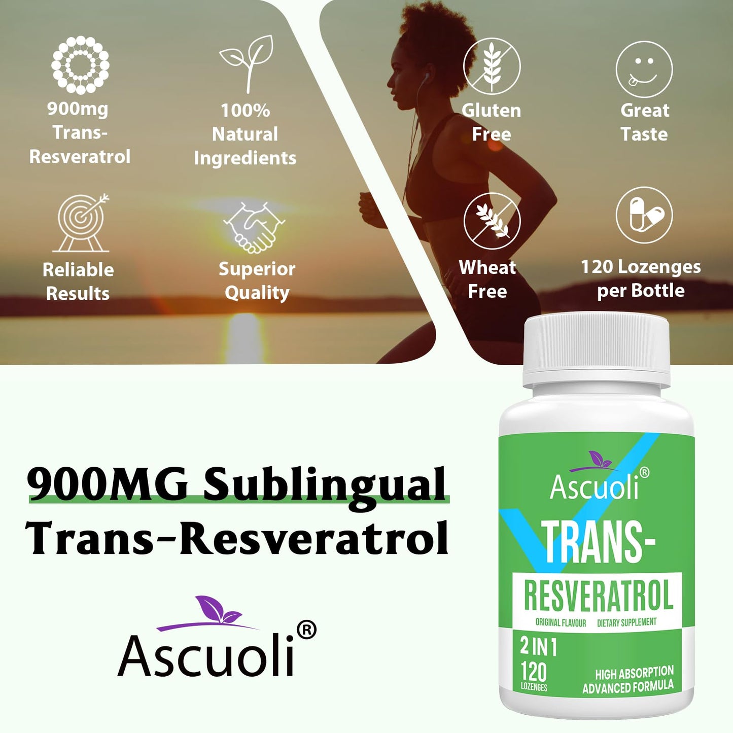 Ascuoli Sublingual Trans-Resveratrol Purity 99%, 3-in-1 Advanced Formula Resveratrol Supplement 120 Tablets