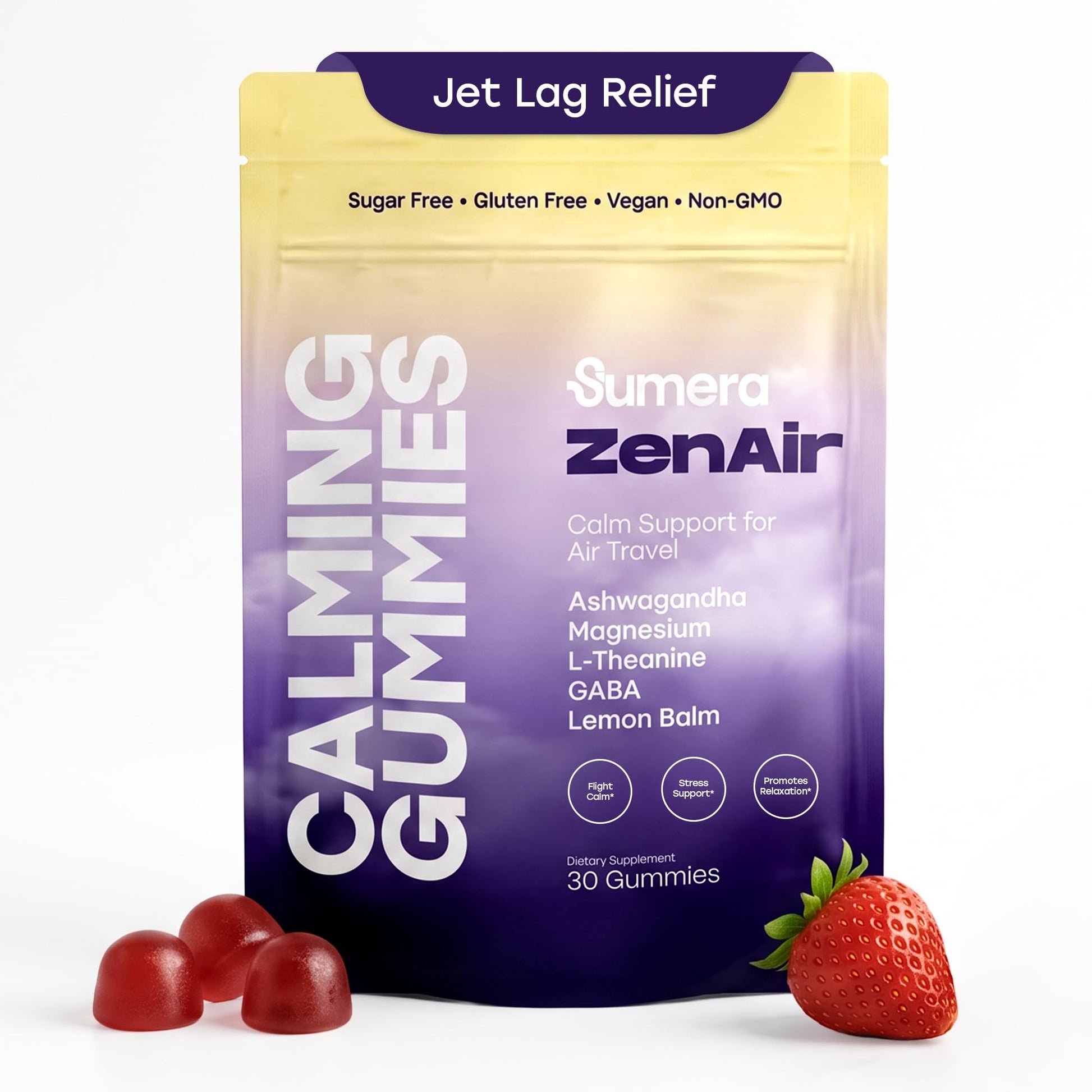Sumera Calming Travel Gummies Jet Lag Relief, GABA, L-Theanine, Ashwagandha, Lemon Balm & Magnesium, Sugar Free, 30 Gummies