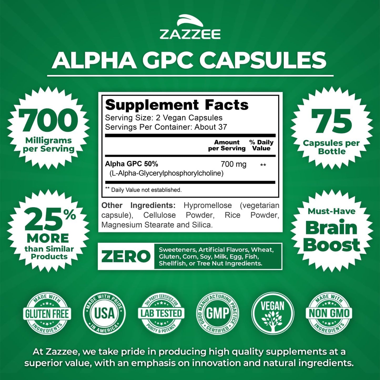 Zazzee Alpha GPC and Organic Lions Mane Supplement Capsules, 195 Capsules