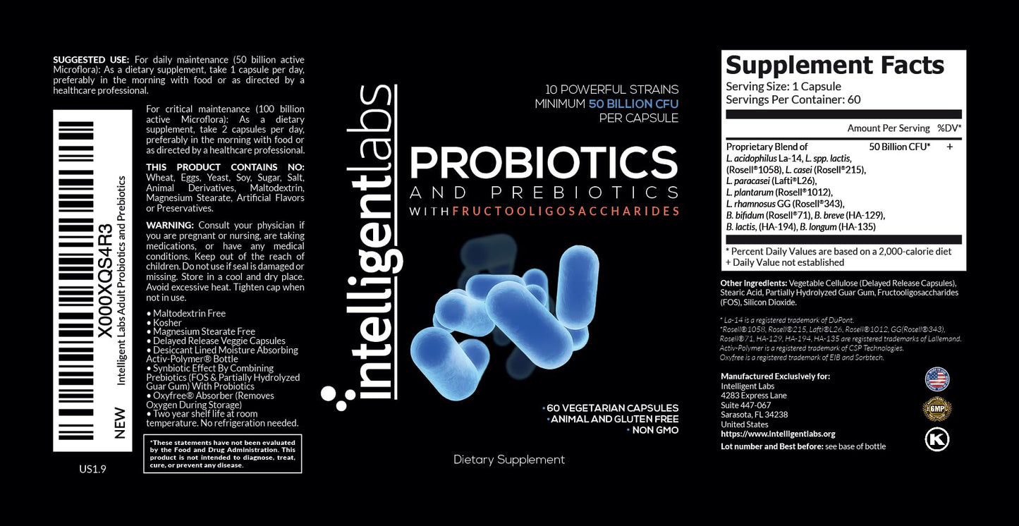 Intelligent Labs Adult Probiotics & Prebiotics 50B CFU for Gut Health Capsule 60 Count