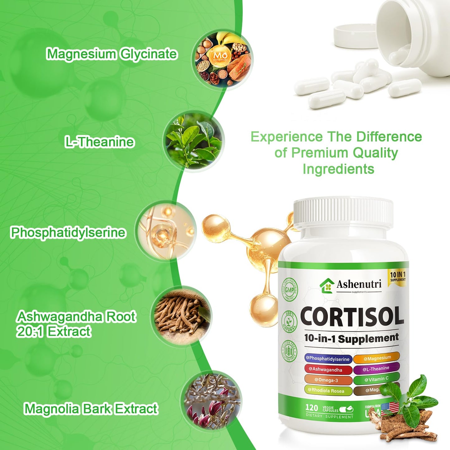 Ashenutri 10-in-1 Cortisol Supplement with Magnesium, Ashwagandha, Rhodiola Rosea, L Theanine, Hormone Balance for Women, 120 Capsules