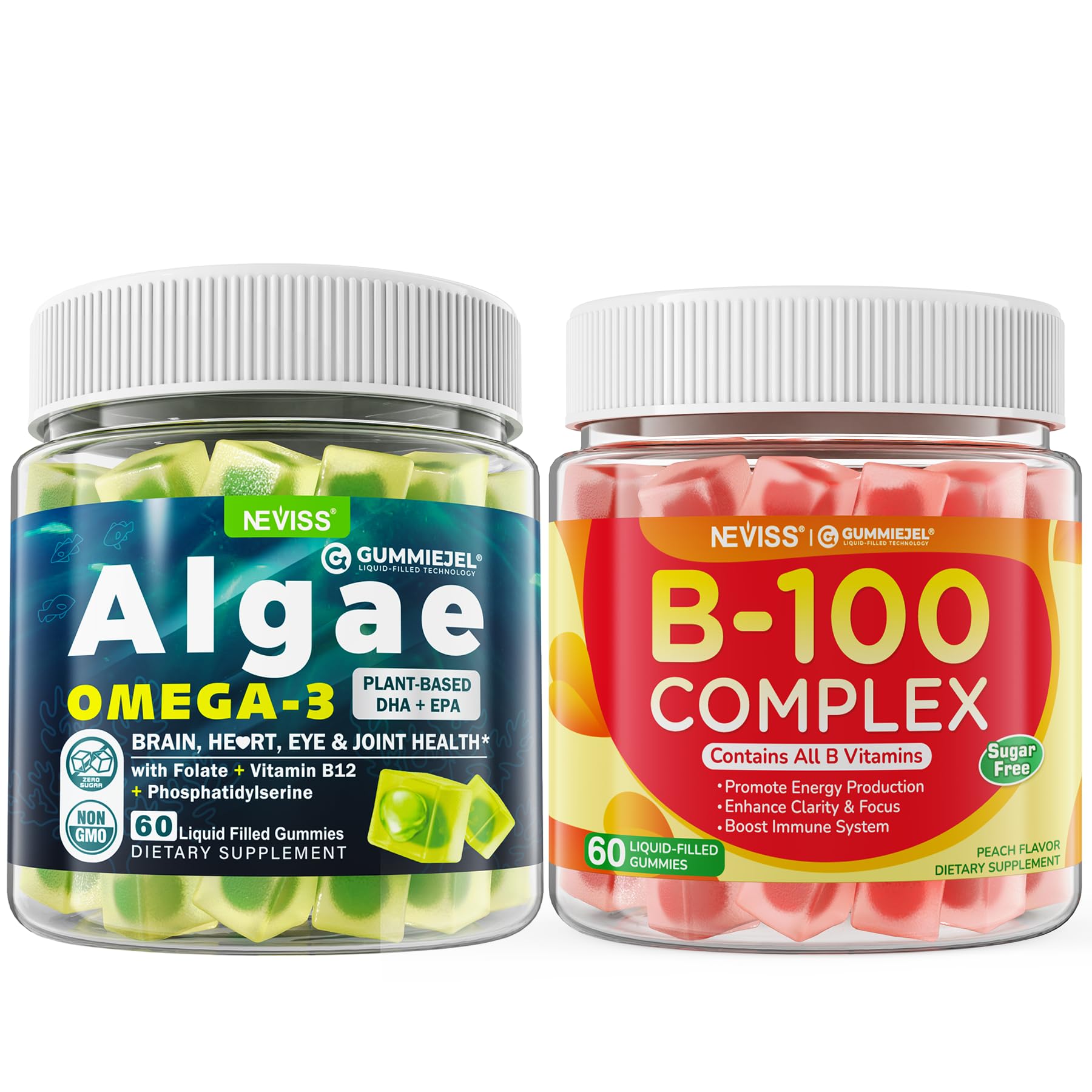 NEVISS Vegan Omega-3 Gummies + Vitamin B100 Complex Gummies, 120 Gummies
