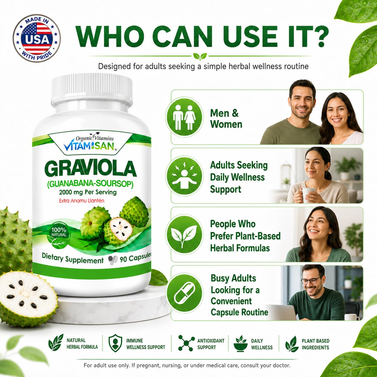 VITAMISAN Graviola Soursop Guanabana Extract Anamu Llanten Natural Dietary Supplement Leaf & Fruit Extract 90 Capsules