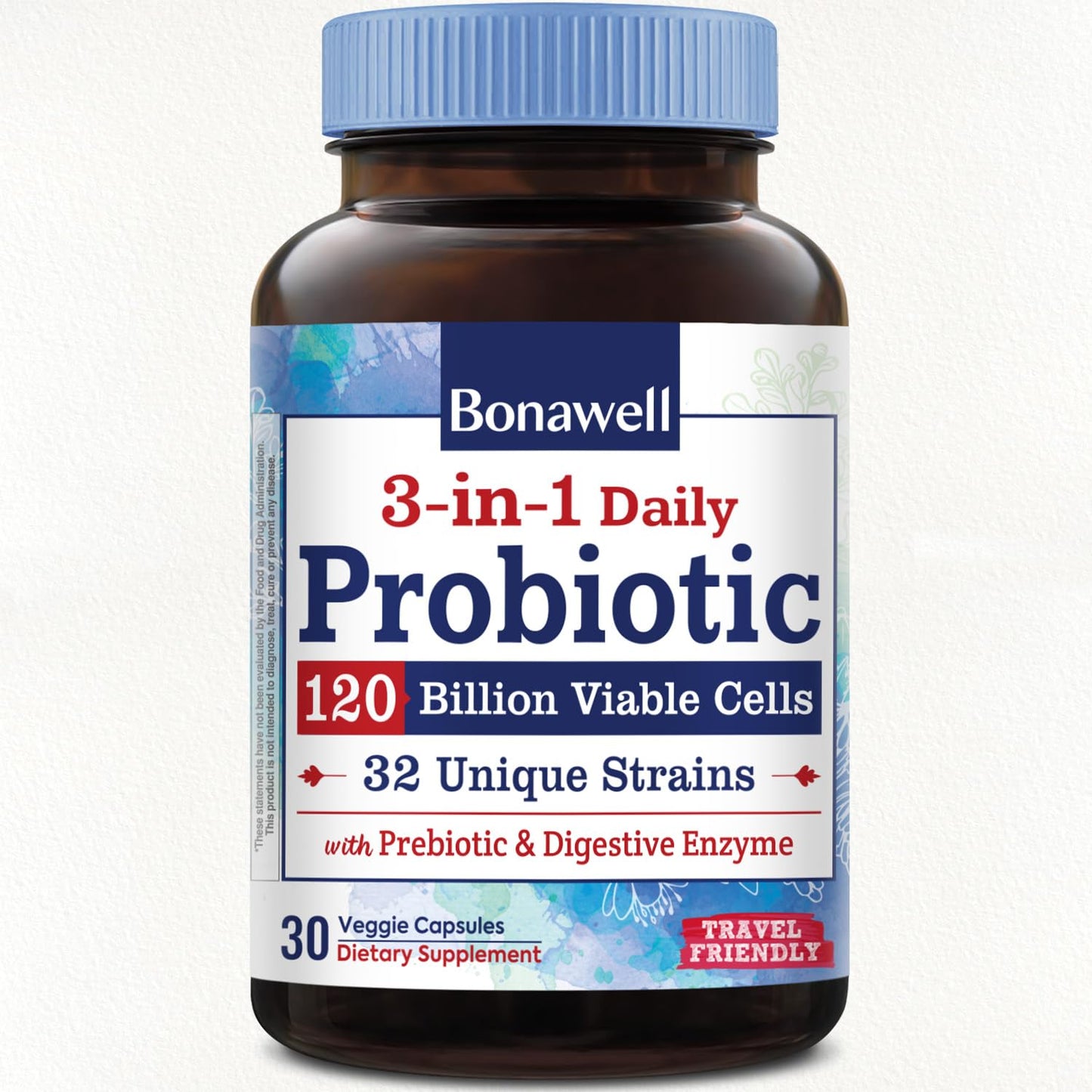 Bonawell Probiotics 120 Billion CFU 32 Strains with Prebiotics, Digestive Enzymes, 3-in-1 Daily Probiotic, Shelf-Stable, Delayed-Release Capsule 30 Count