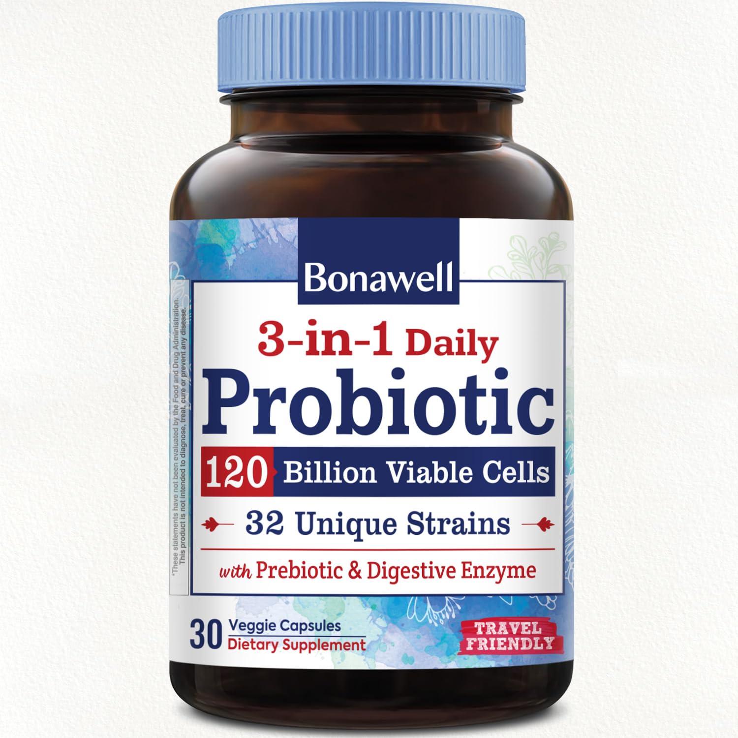 Bonawell Probiotics 120 Billion CFU 32 Strains with Prebiotics, Digestive Enzymes, 3-in-1 Daily Probiotic, Shelf-Stable, Delayed-Release Capsule 30 Count