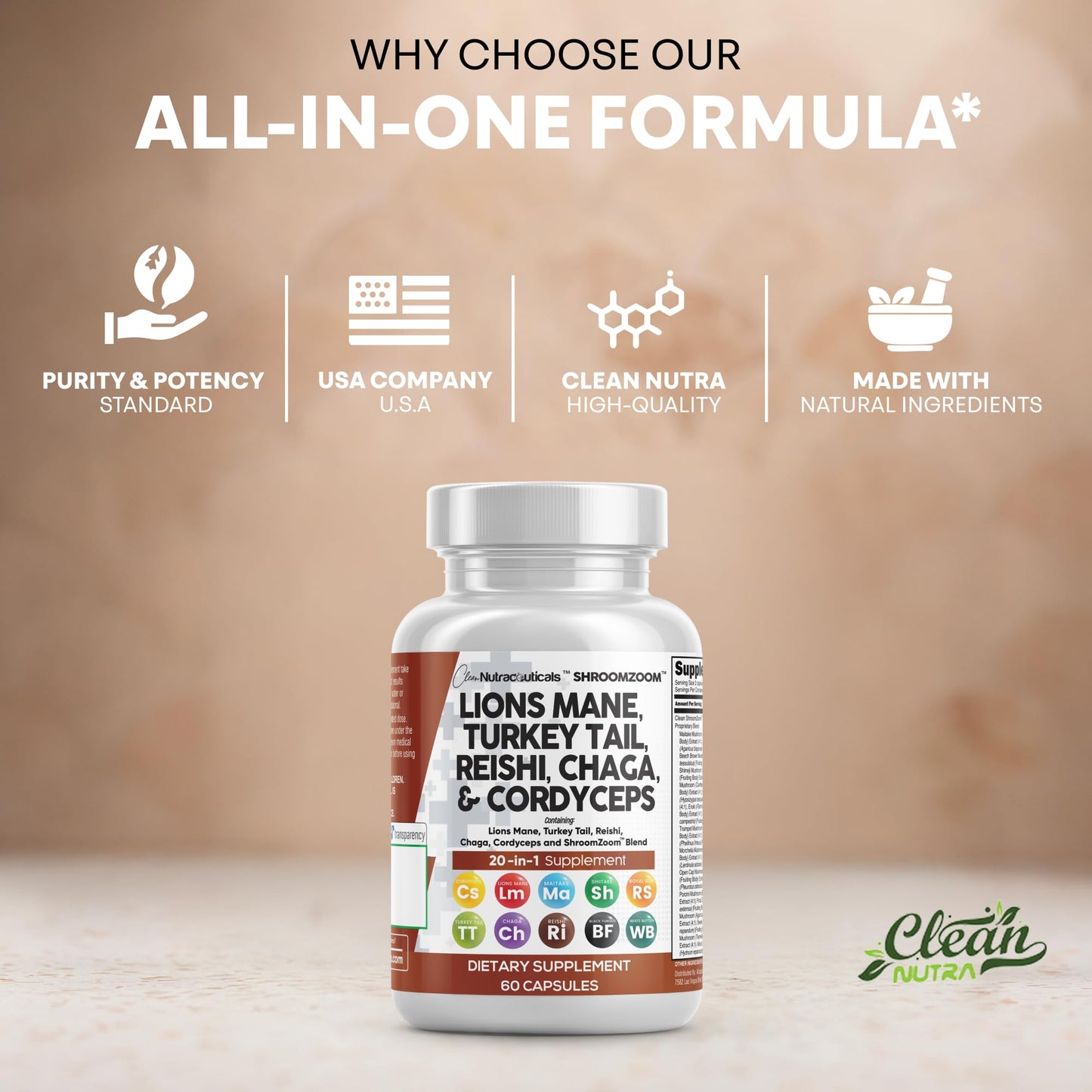 Clean Nutraceuticals Lions Mane 20in1 Mushroom Supplement with Turkey Tail Reishi Cordyceps Chaga Maitake Meshima Poria Cocos Shiitake Oyster Porcini Enoki, 60 Capsules