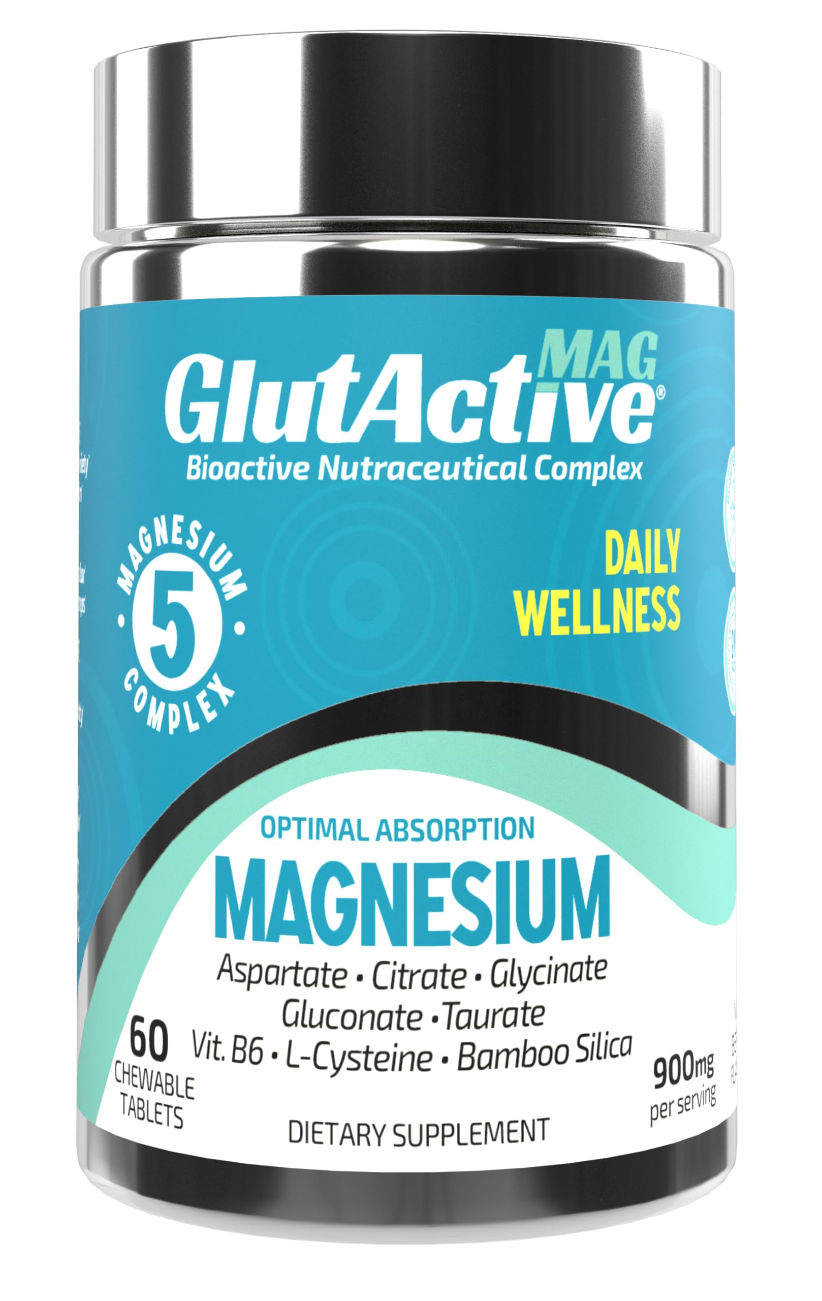 GlutActive MAG 750mg Magnesium Glycinate, Taurate, Aspartate, Gluconate & Citrate for Muscles, Nerves, and Energy, 60 Tablets