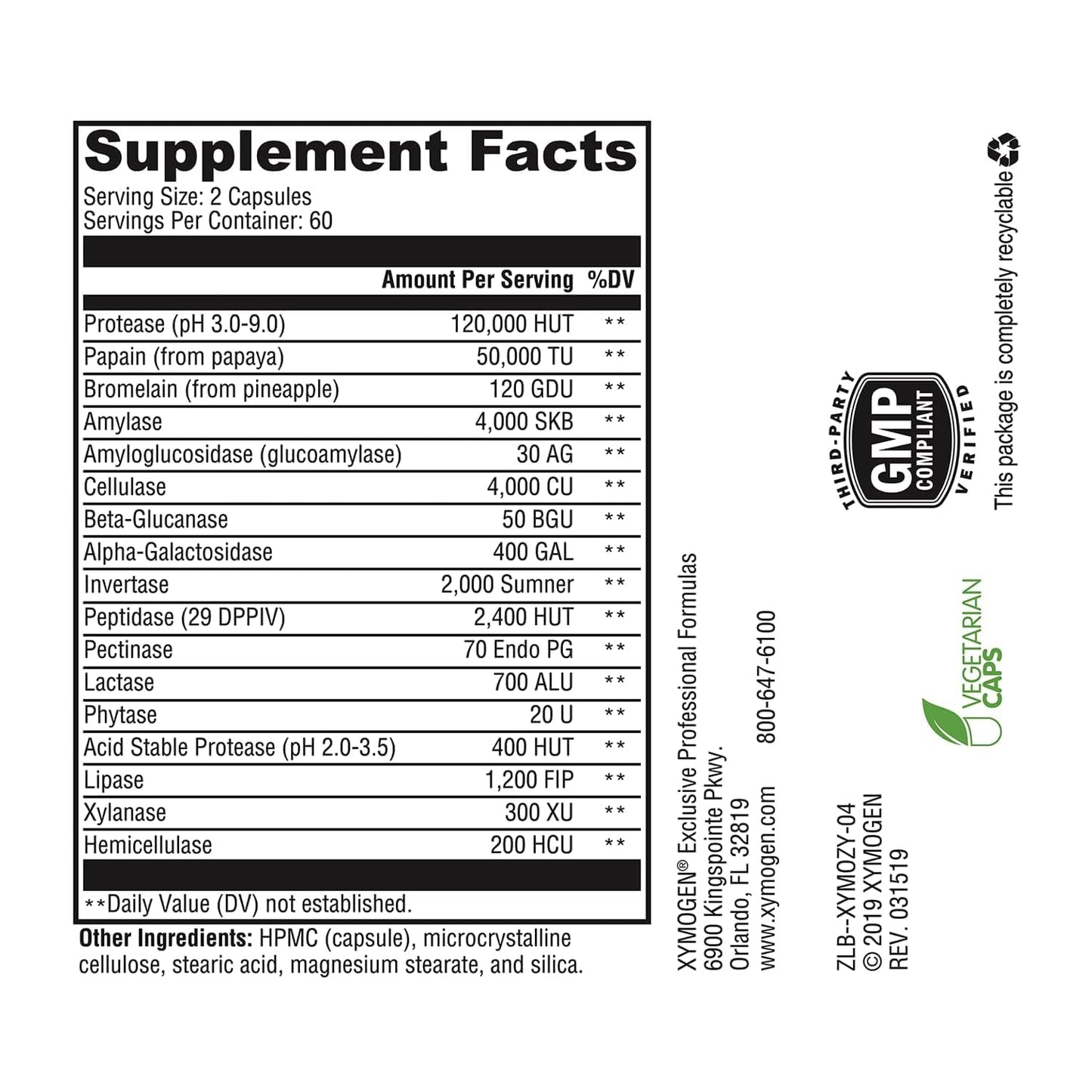 XYMOGEN XymoZyme Digestive Enzyme Supplement - Plant-Based Multi-Enzyme Formula, Gluten-Free & Dairy-Free - 120 Capsules