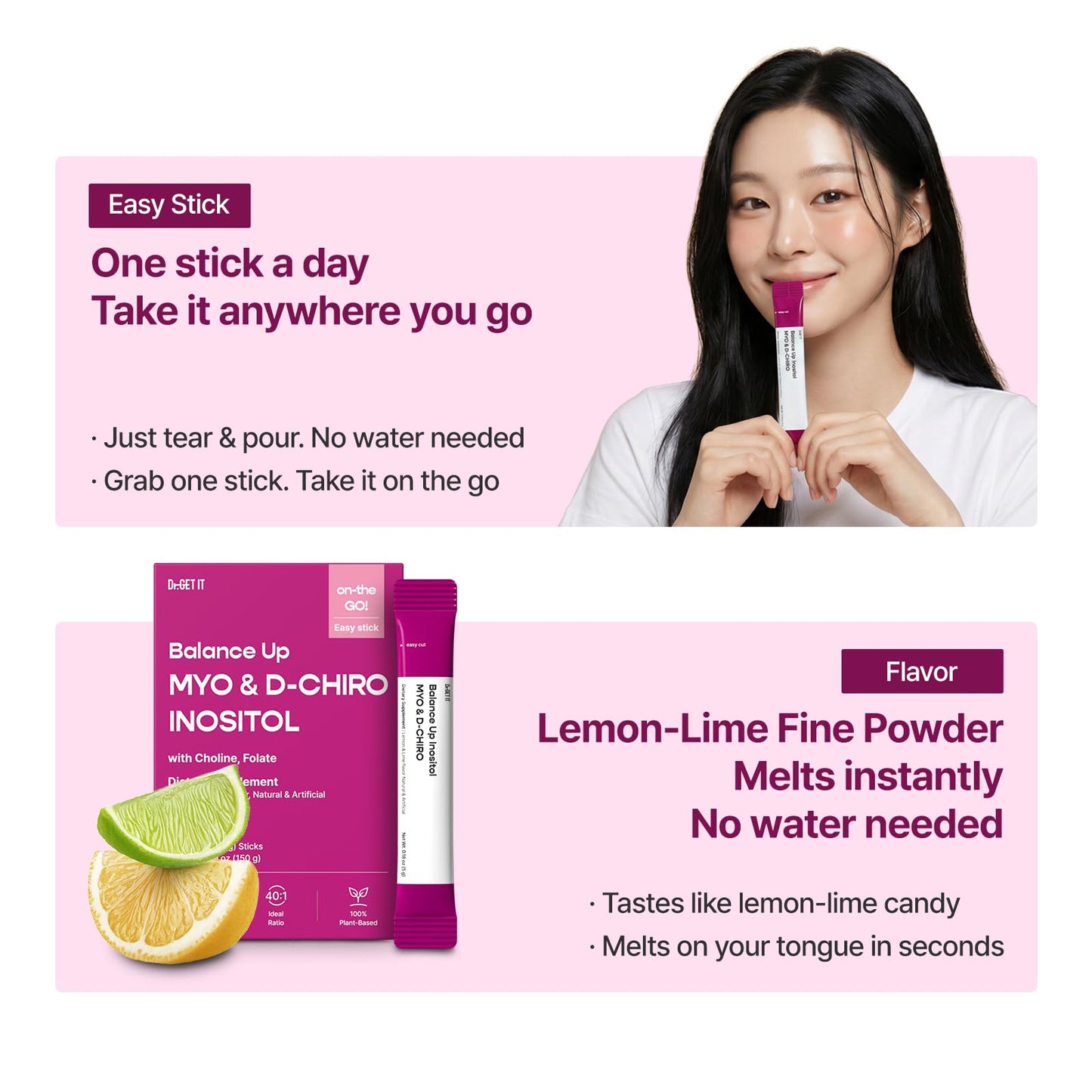 Dr.GET IT Balance Up Inositol 40:1 Myo & D-Chiro with Folate(Vitamin B9) & Choline – Hormone Balance & Reproductive Health Support for Women – Lemon Lime Stick Powder, 5.29