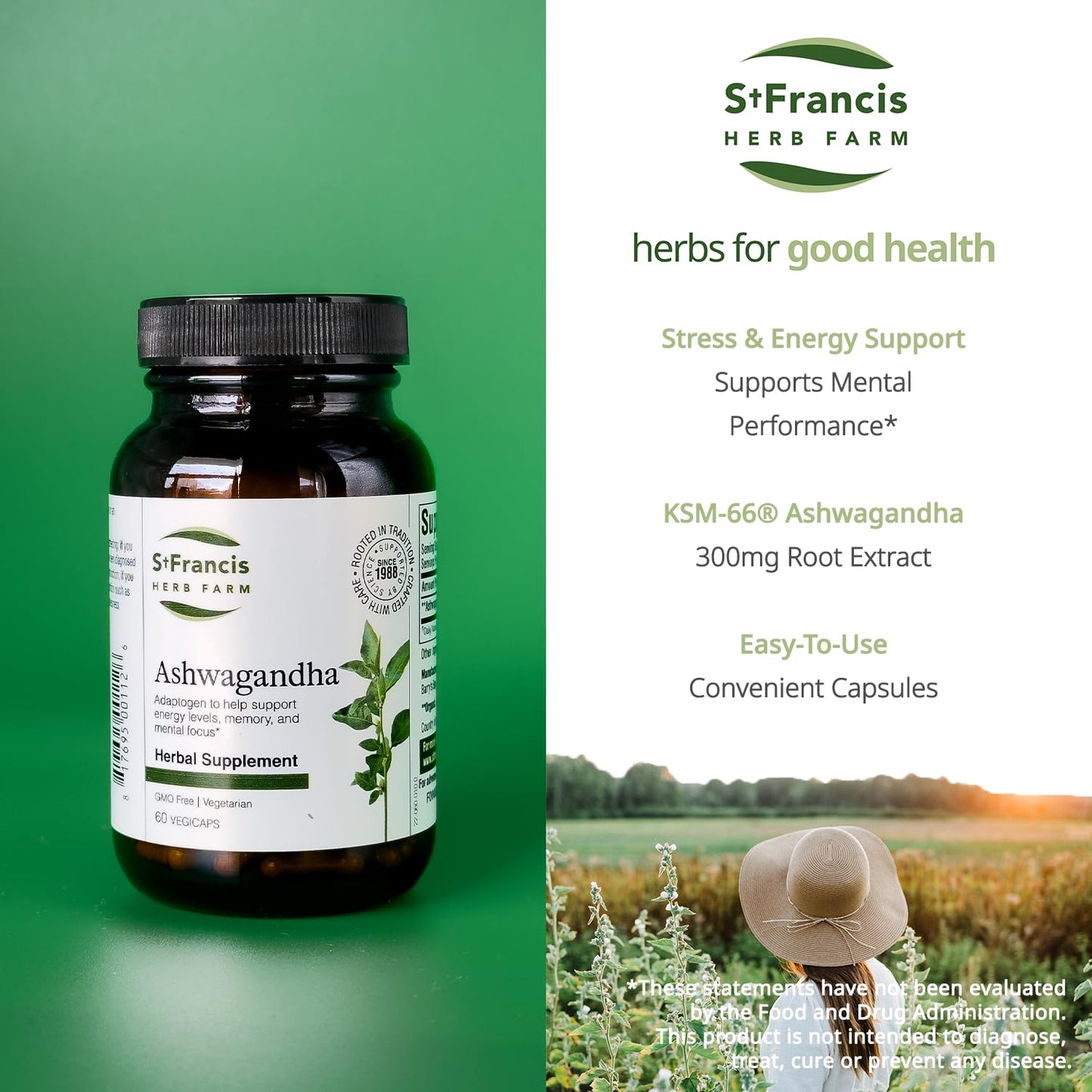 St. Francis Herb Farm Ashwagandha 300mg Capsules KSM-66 Root-Extract, 60 Count