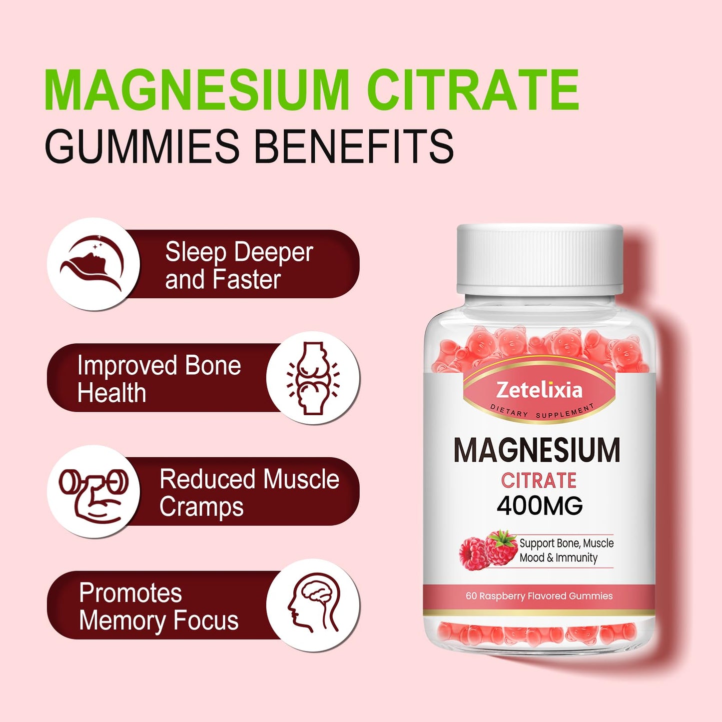 Zetelixia Magnesium Citrate Gummies 400mg, 120 Gummies