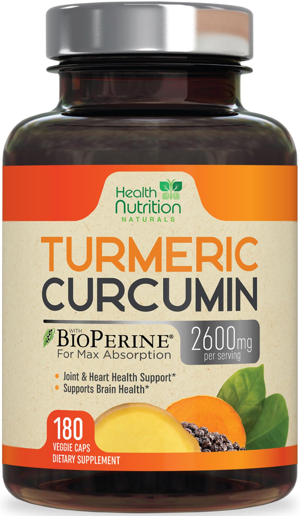 Health Nutrition Naturals Turmeric Curcumin Supplement 2600mg - 95% Curcuminoids with Organic Turmeric & BioPerine Black Pepper for Best Absorption, Non-GMO, 180 Capsules