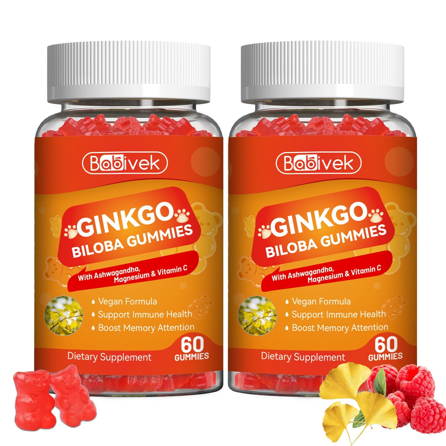 Babivek Ginkgo Biloba Gummies with Ashwagandha, Vitamin C & Magnesium - 120 Count