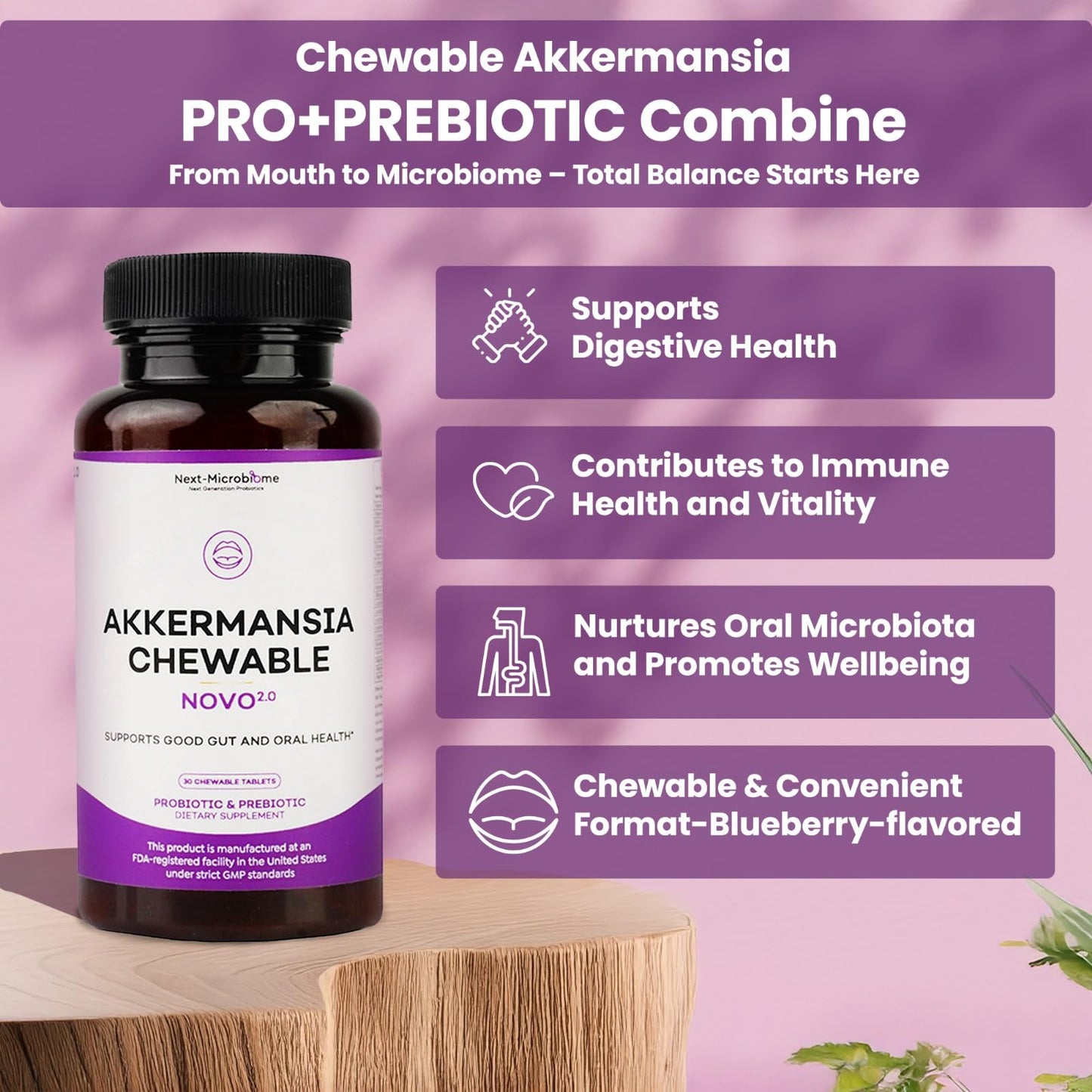 NEXT-MICROBIOME Akkermansia Probiotic and Prebiotic Supplement NOVO 2.0 with HMO Chewable, 30 Tablets