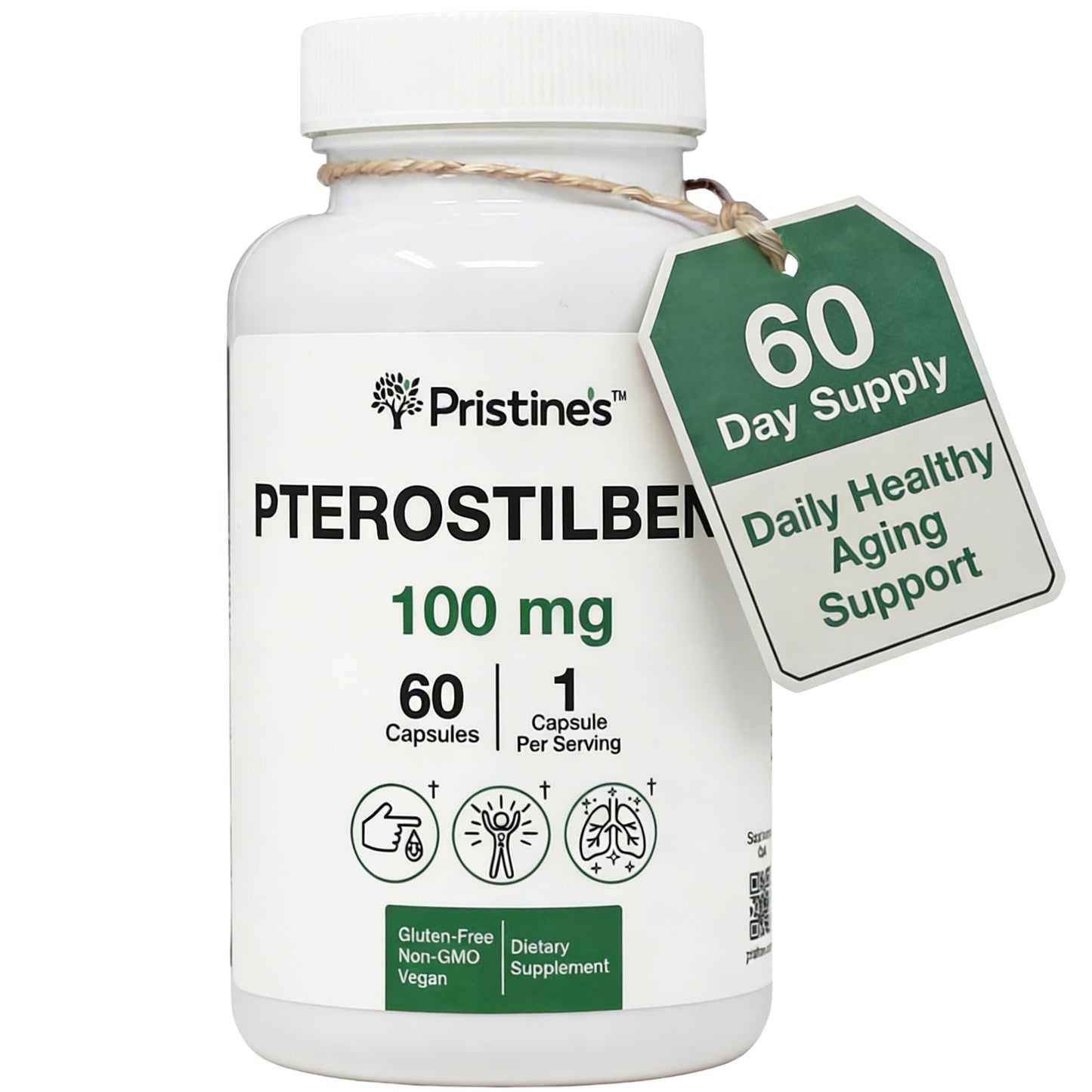 PRISTINE'S Pterostilbene 100mg Anti Aging Supplement Capsules, 60 Count