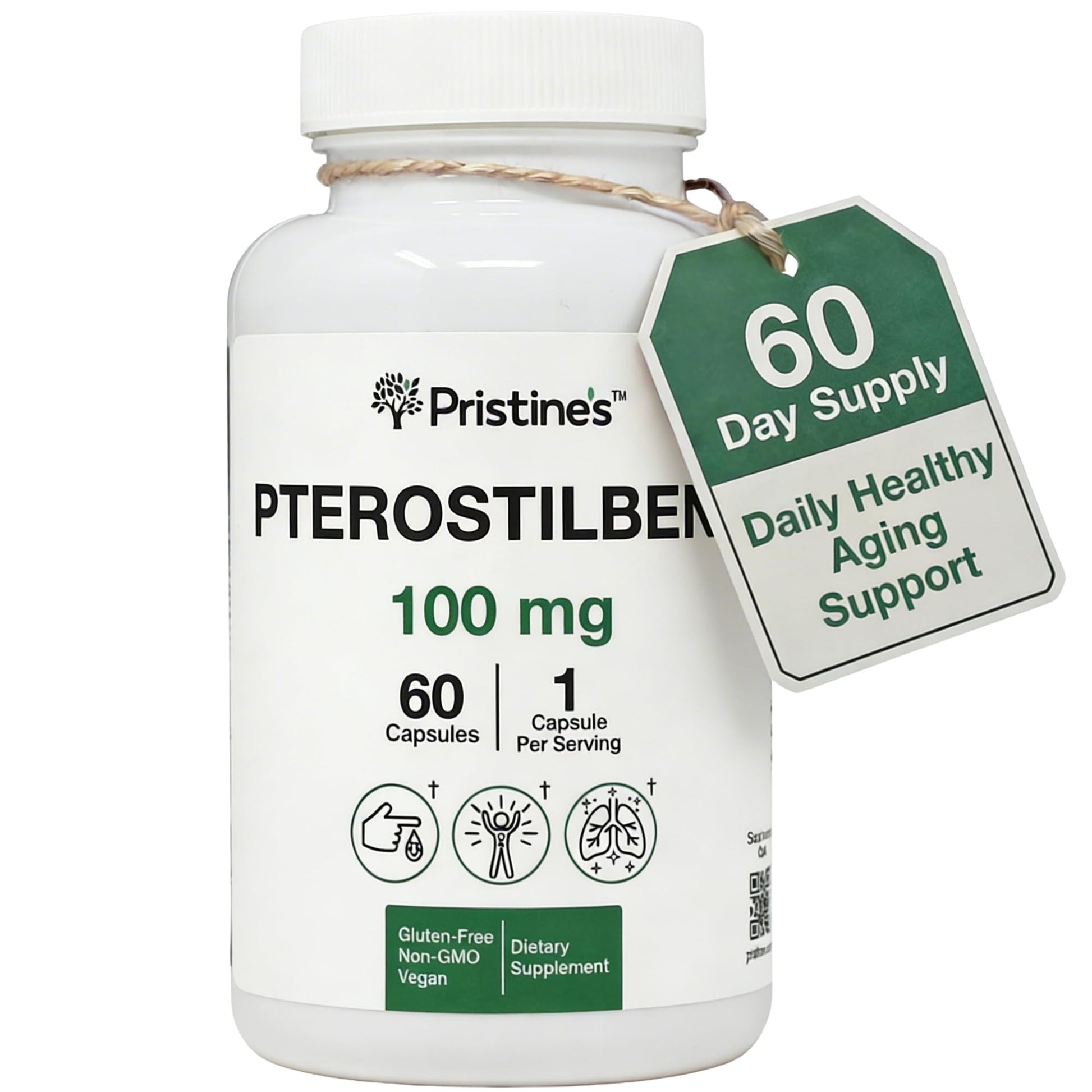 PRISTINE'S Pterostilbene 100mg Anti Aging Supplement Capsules, 60 Count