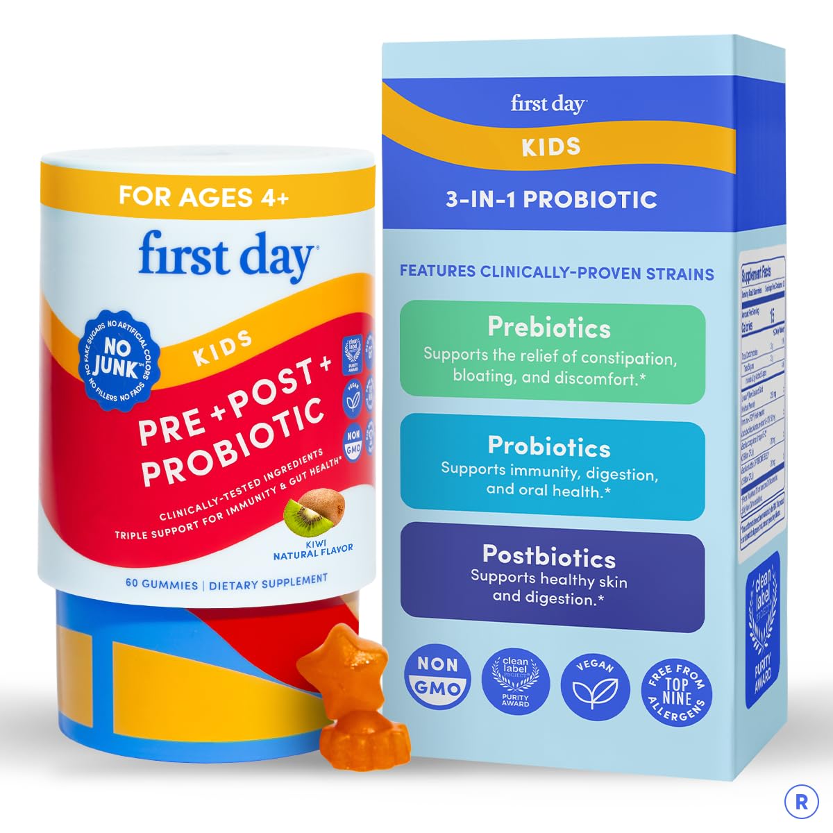 FIRST DAY Kids 3-in-1 Probiotic Gummies, Prebiotic + Probiotic + Postbiotic Supplement – Supports Digestive & Oral Health, Immune Function & Energy Levels, 60 Count