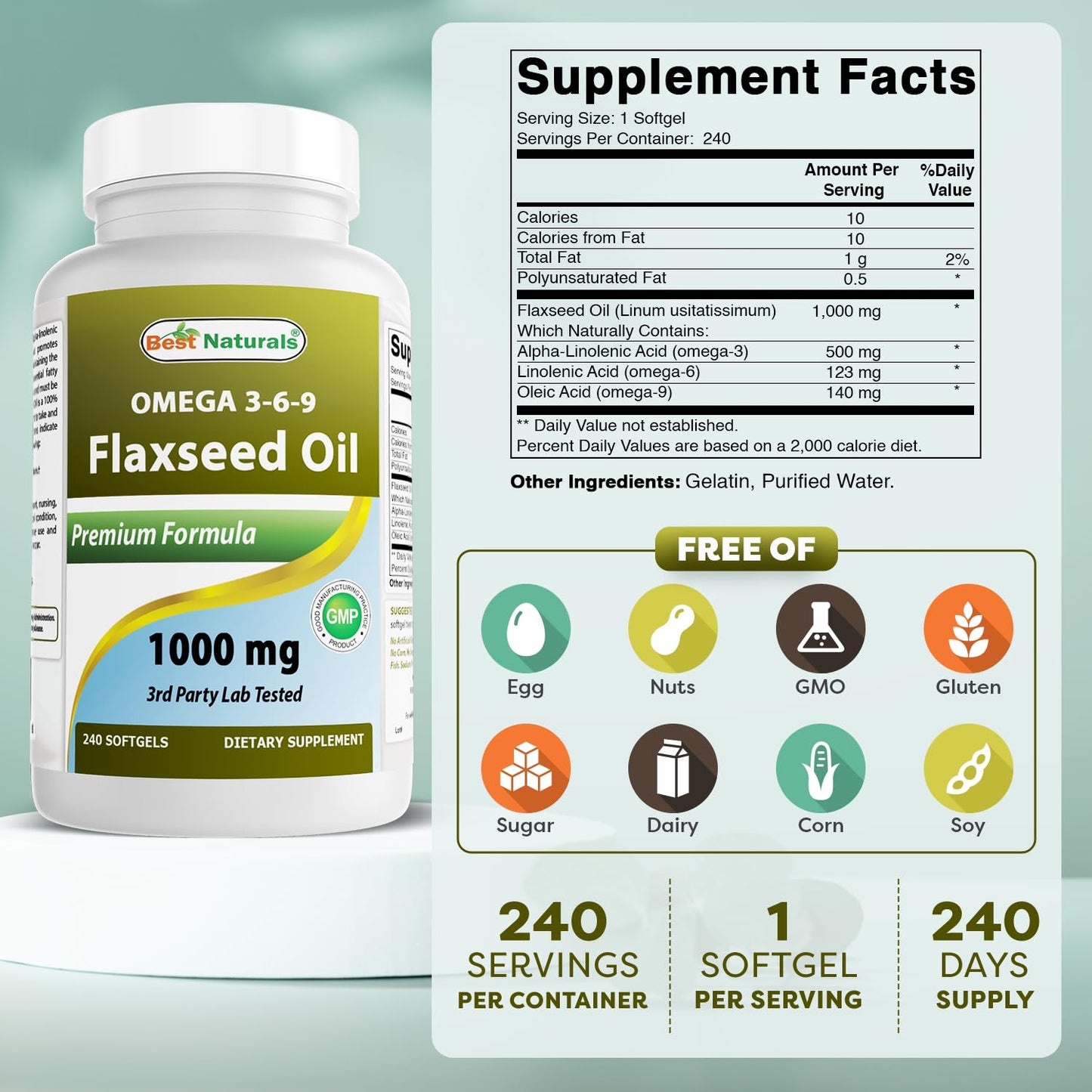 Best Naturals Flaxseed Oil 1000 mg Softgels 240