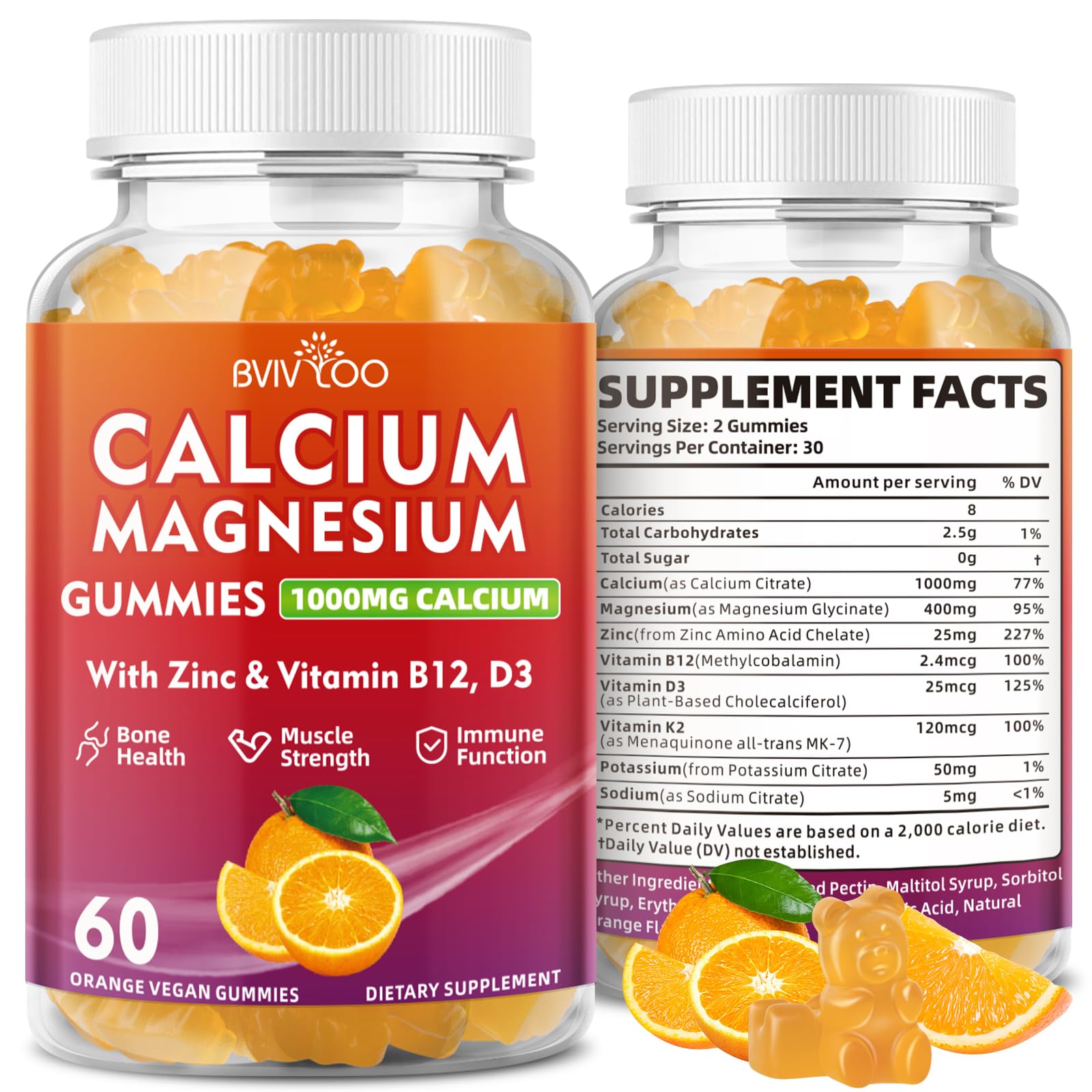 BVIVLOO Calcium Gummies 1000mg with Vitamin D3 K2 & B Complex, Potassium, Magnesium & Zinc, Gummies, 2-Pack