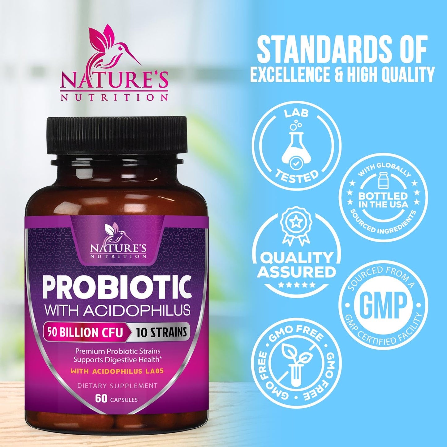 Nature's Nutrition Probiotics 50 Billion CFU per Capsule, 10 Strains & Prebiotics, Digestive Gut Health, 60 Capsules