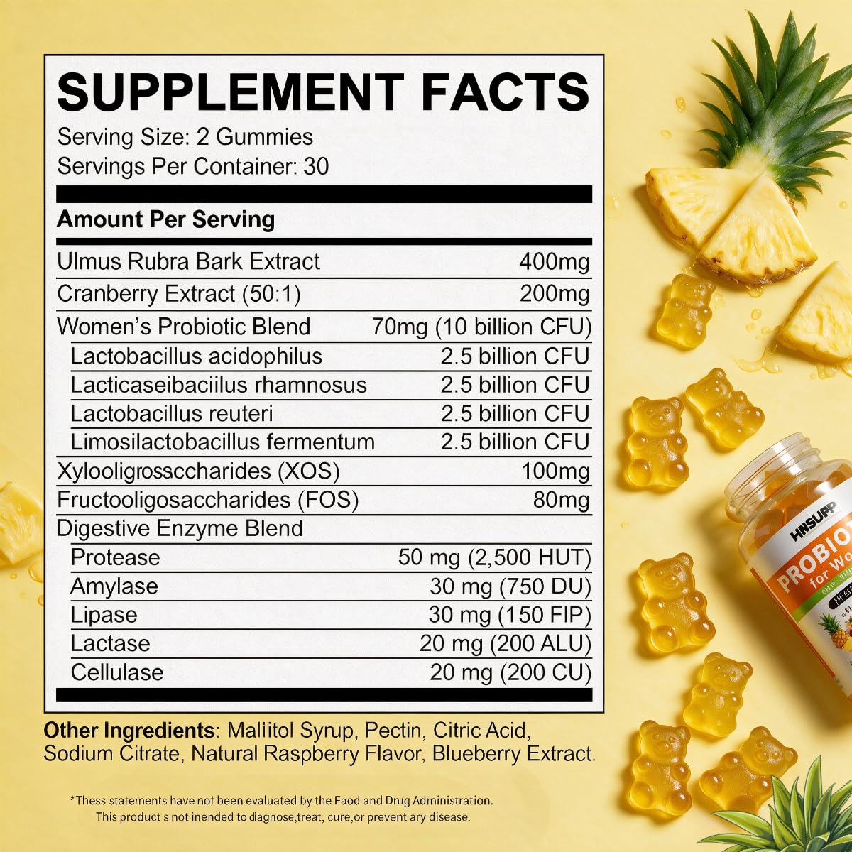 HNSUPP Women Probiotic Gummies Sugar Free Tropical Pineapple Chew, 60 Count