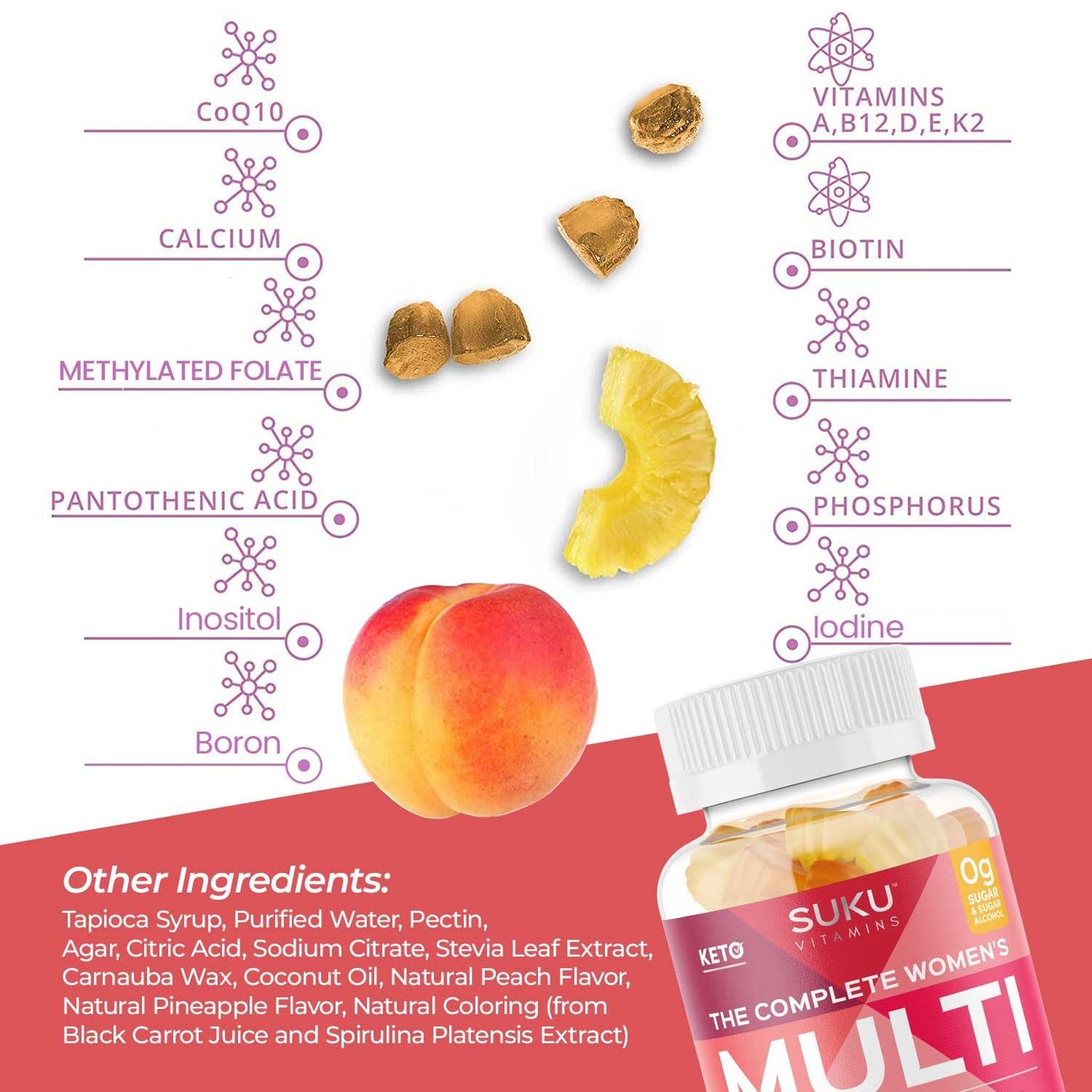 SUKU Complete Women's Multi Gummy Vitamins with Boron, Vitamin K2, B12, A and More - Pineapple & Peach Flavor, Non-GMO, Gluten Free, Sugar Free, 60 Count