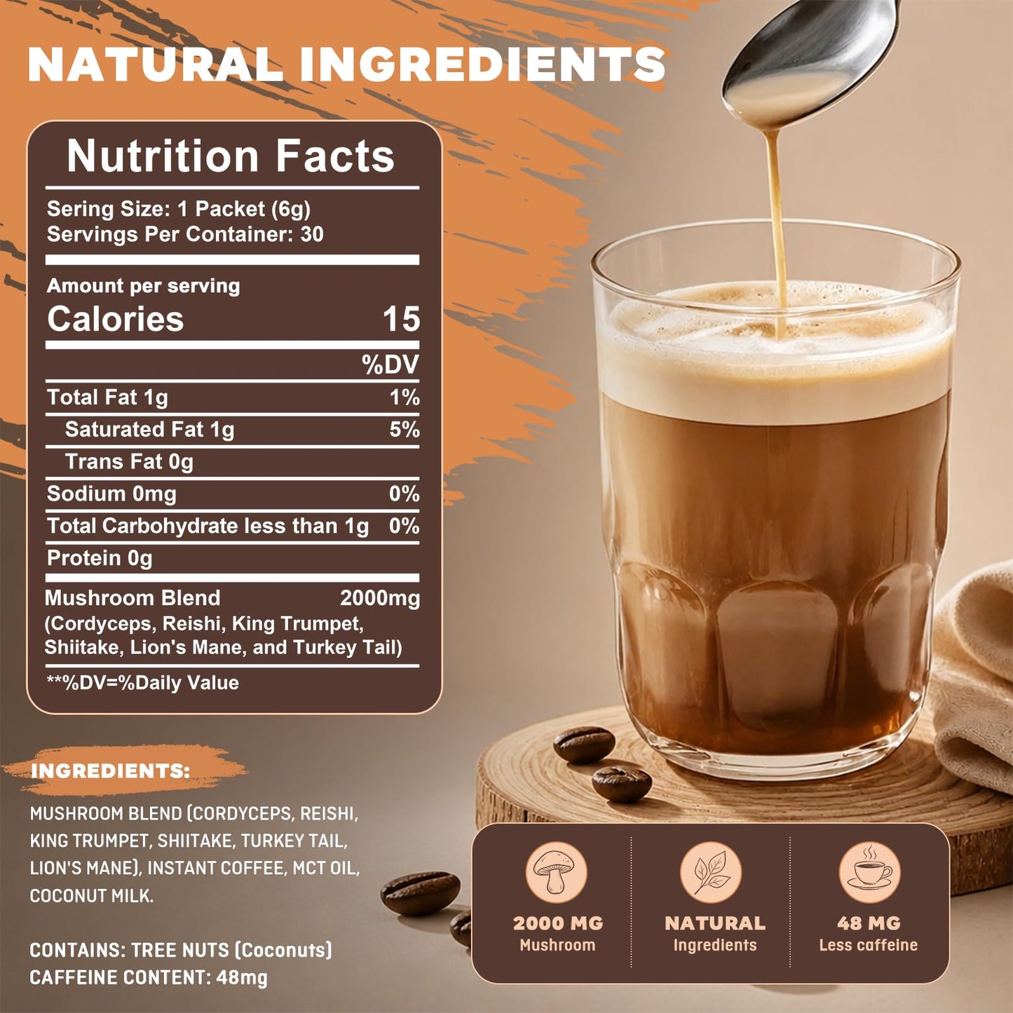 Balincer Mushroom Coffee Powder, 6 Adaptogenic Mushrooms (Lion's Mane, Cordyceps, Turkey Tail) for Focus, Energy, and Gut Health, 6.35 oz