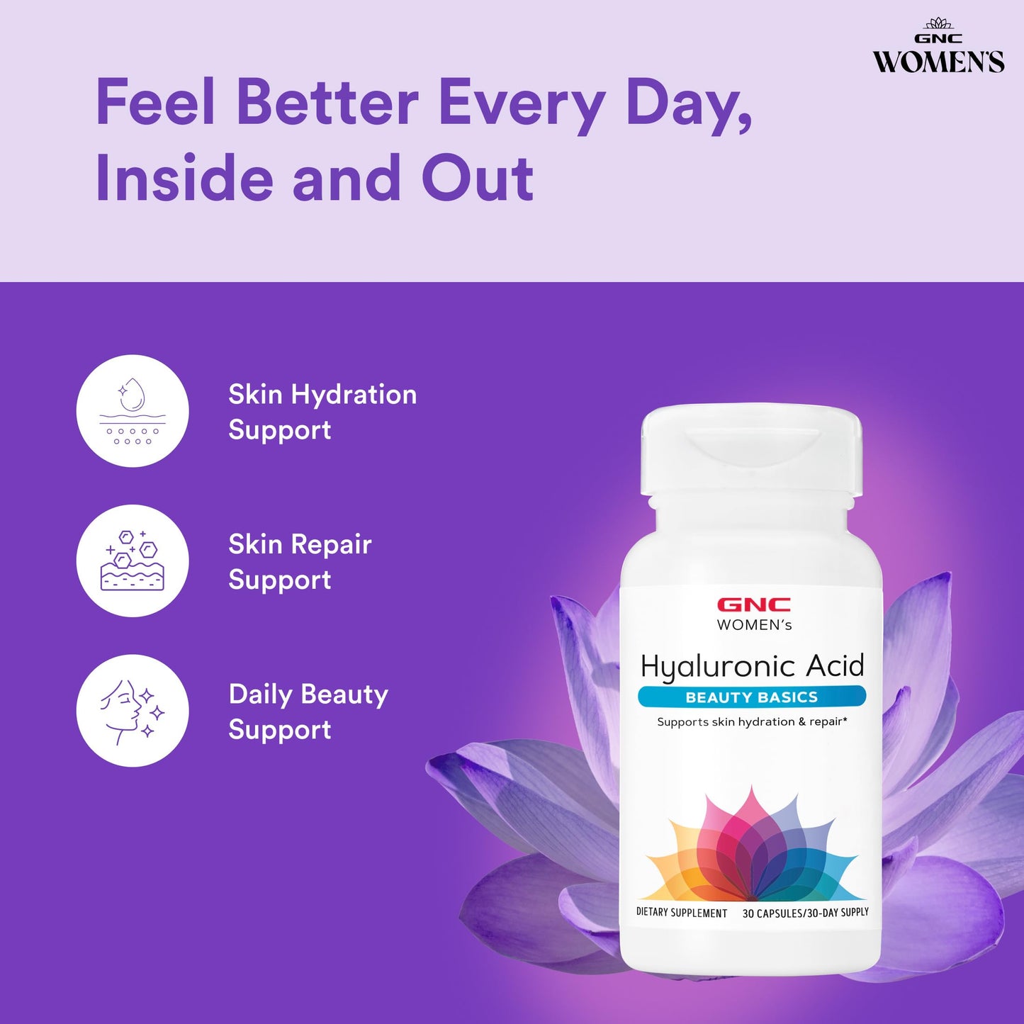 GNC Women's Hyaluronic Acid, Skin Hydrating Daily Supplement, Supports Moisture and Joint Health, 30 Capsules