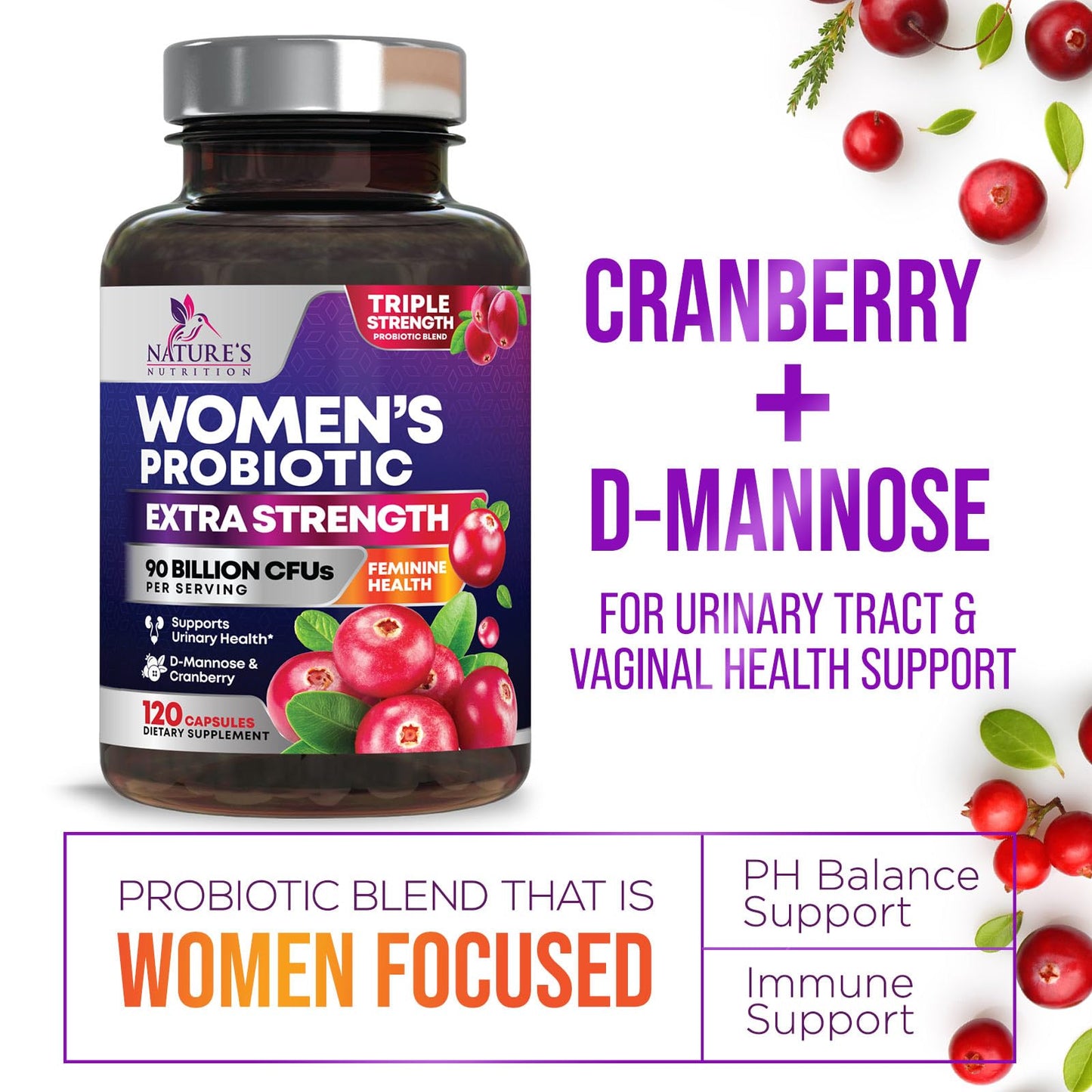 Nature's Nutrition Probiotics for Women Probiotic Blend 90 Billion CFU - 16 Strains, Cranberry & Prebiotics Capsules 120 Count