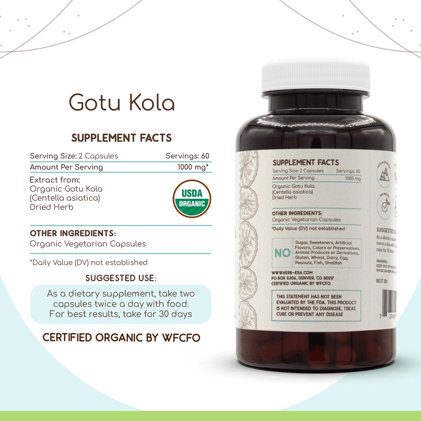 HerbEra Gotu Kola USDA Organic, 120 Capsules