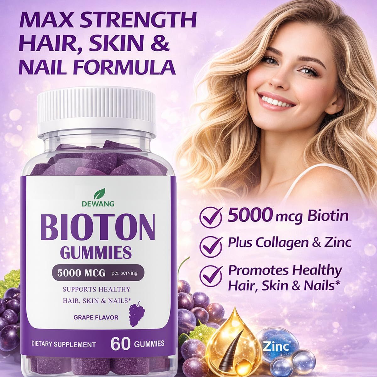 DEWANG Biotin Gummies 5000mcg, 60 Count