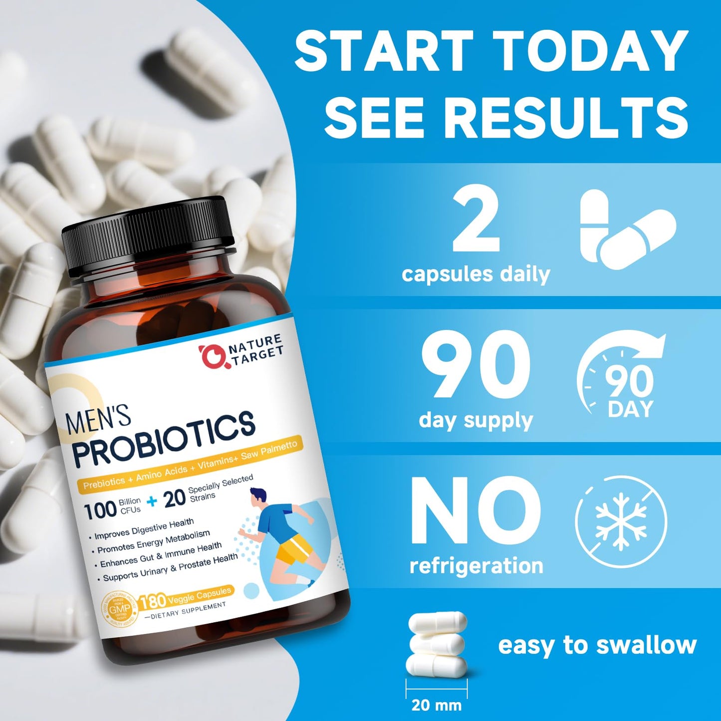 NATURE TARGET Probiotics for Men 100 Billion CFUs Digestive Health with Enzymes & Prebiotics Saw Palmetto for Prostate Health Capsules 180 Count