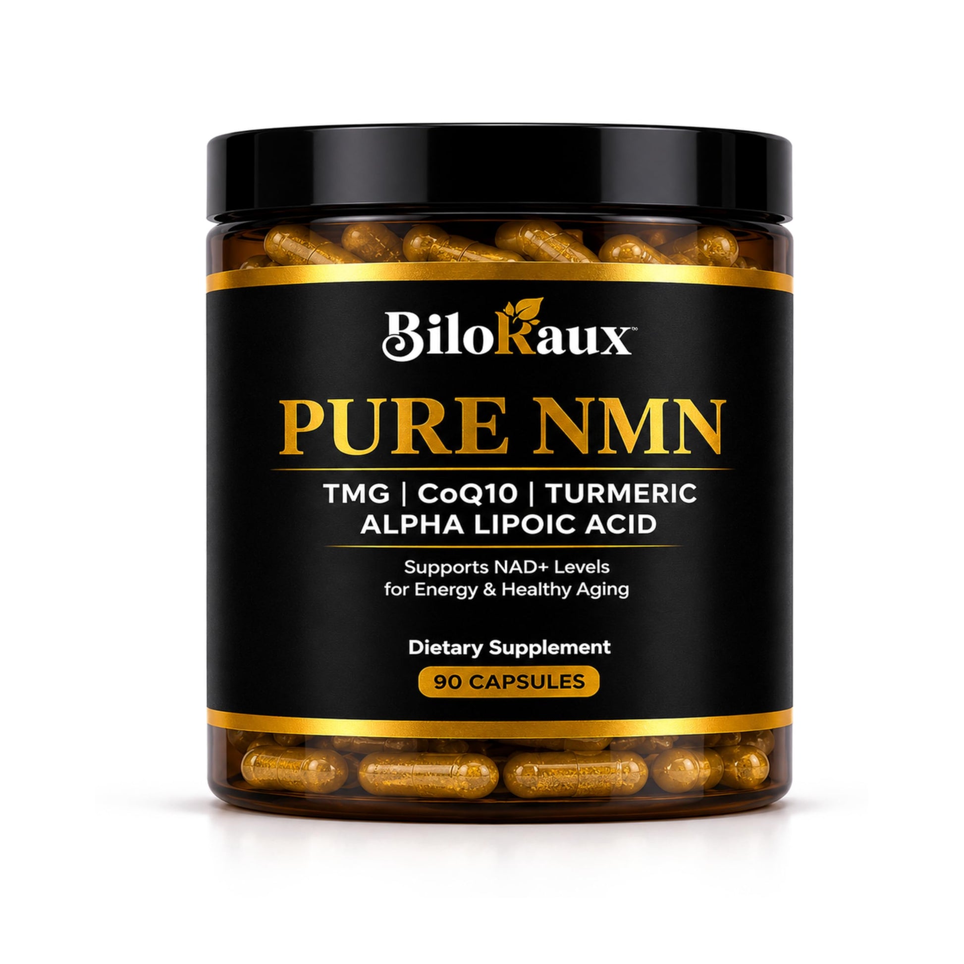 BiloRaux NMN Supplement 300mg with TMG, Turmeric, CoQ10 & Alpha Lipoic Acid - 5-in-1 NAD+ Precursor - Nicotinamide Mononucleotide Supports Cellular Energy & Healthy Aging, 90 Capsules