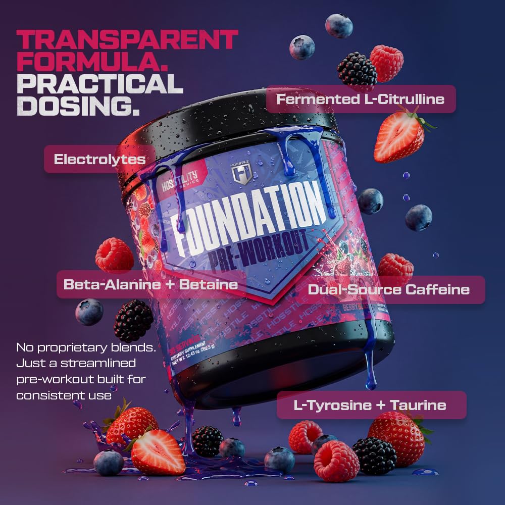 HOSSTILE Foundation Pre Workout Powder for Men & Women, Berry Blast, 12.4 Ounce