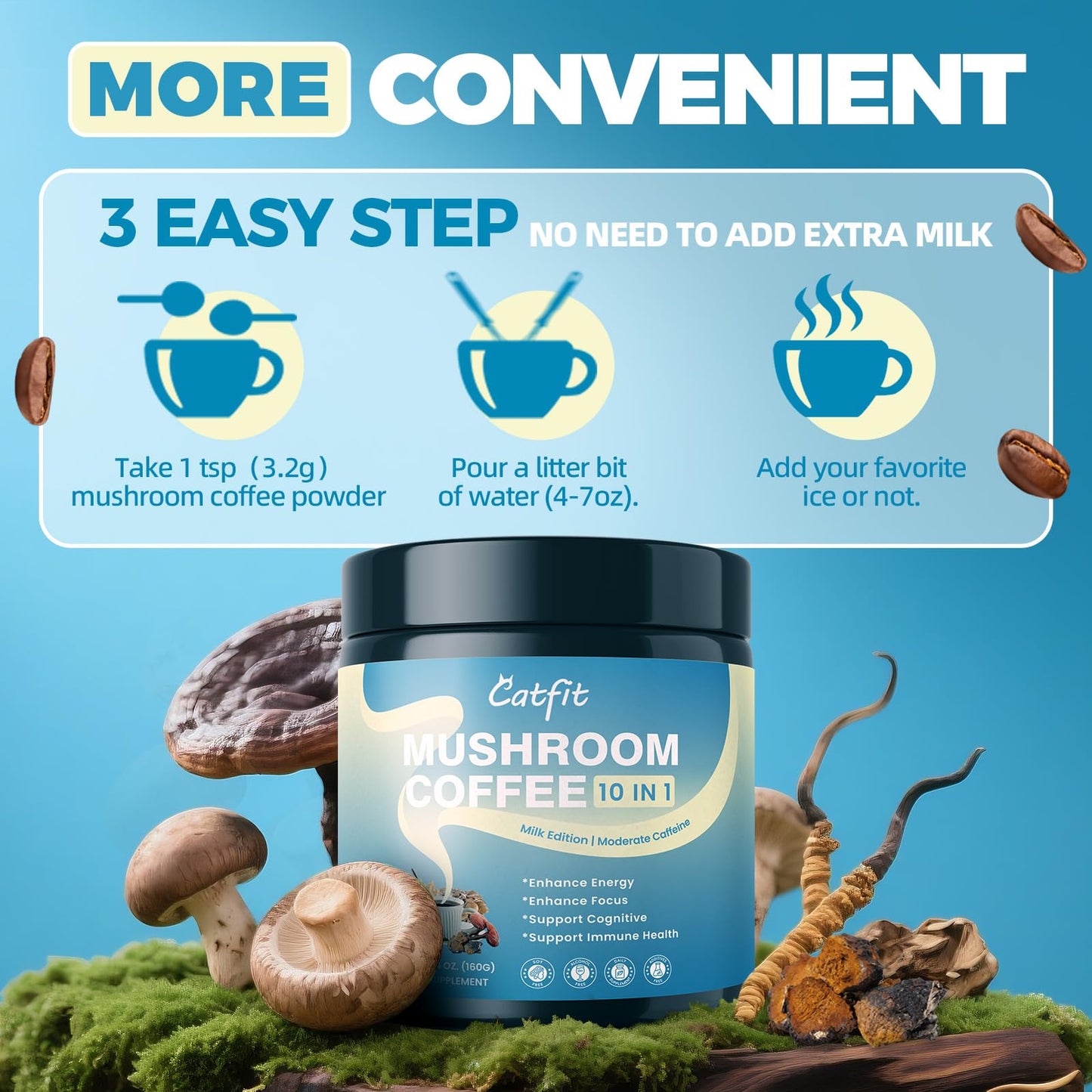Catfit Instant Mushroom Coffee Powder, 10-in-1 Adaptogen Blend with Lion's Mane, Chaga & Cordyceps for Energy, Focus, Gut Health & Immune Support, 5.5 Ounce, 52 Servings
