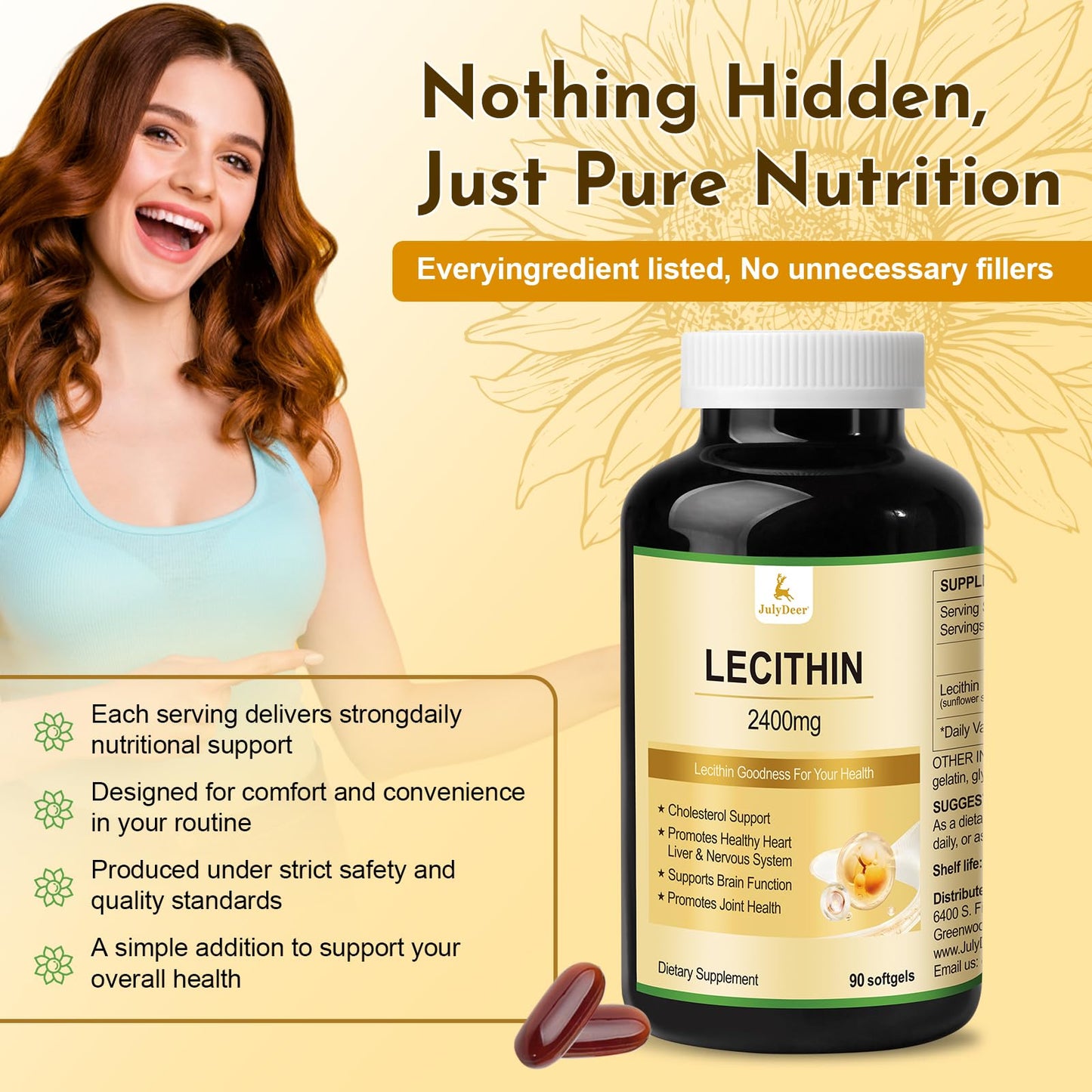 JulyDeer Sunflower Lecithin 2400mg 90 Softgels