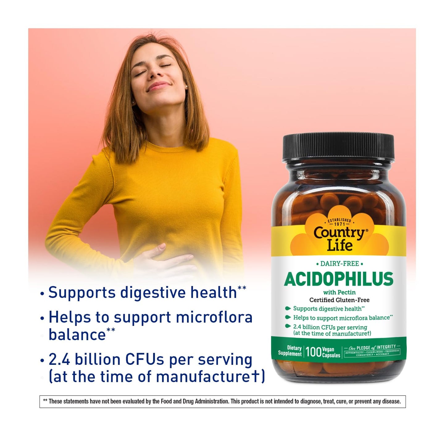 Country Life Acidophilus Probiotic Supplement 2.4 Billion CFUs Capsules, 100 Count
