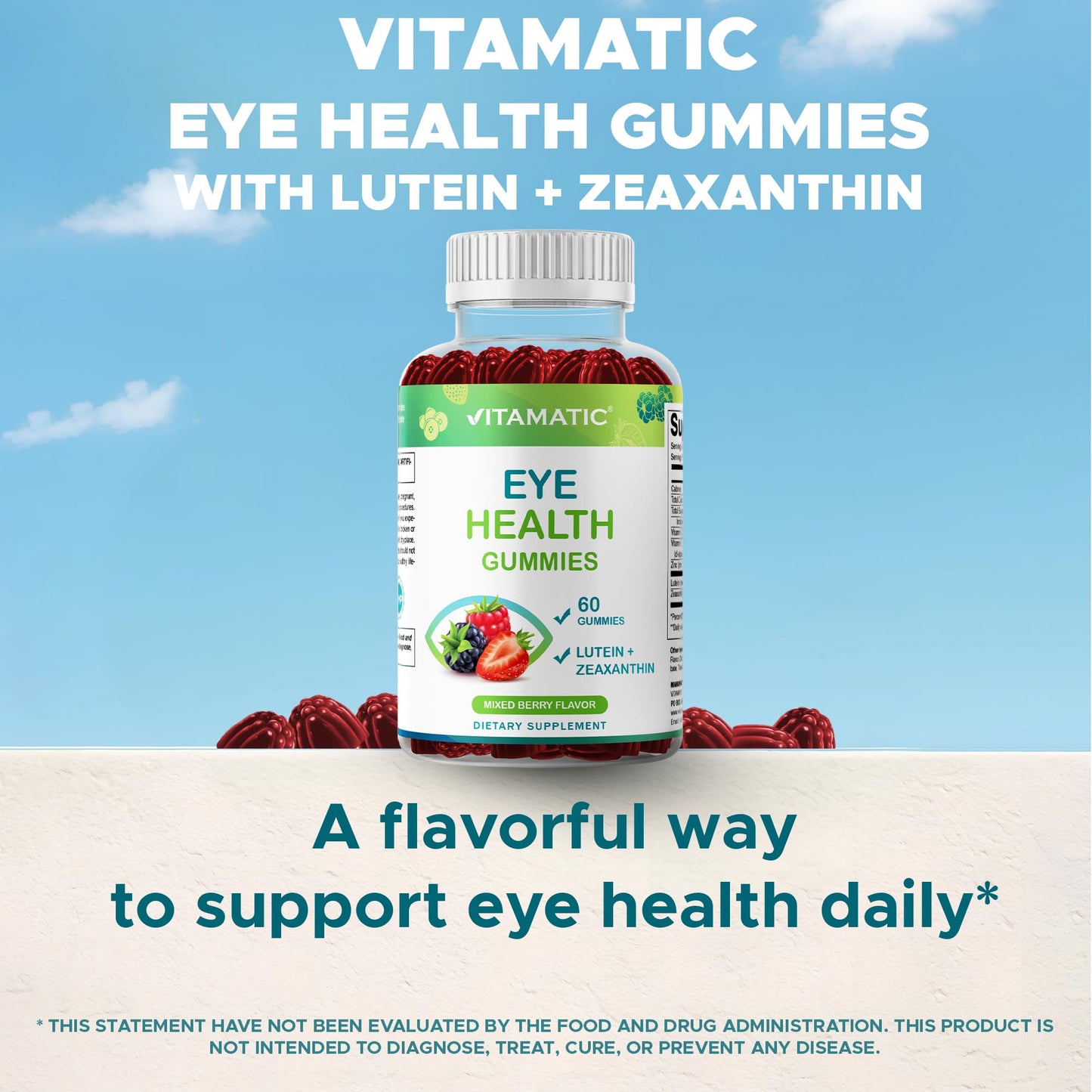 Vitamatic Eye Health Gummies with Lutein, Zeaxanthin, Vitamin C, E & Zinc – Mixed Berry Flavor, 60 Gummies
