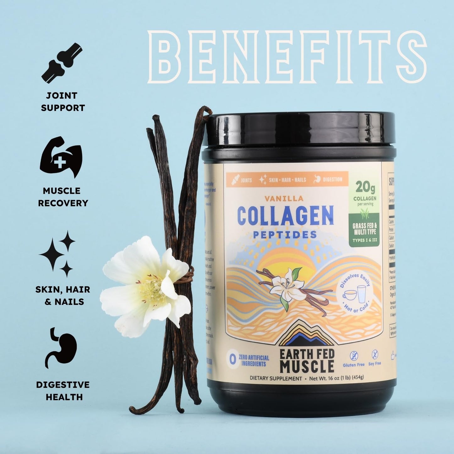Earth Fed Muscle Vanilla Collagen Peptides Powder 1 lb