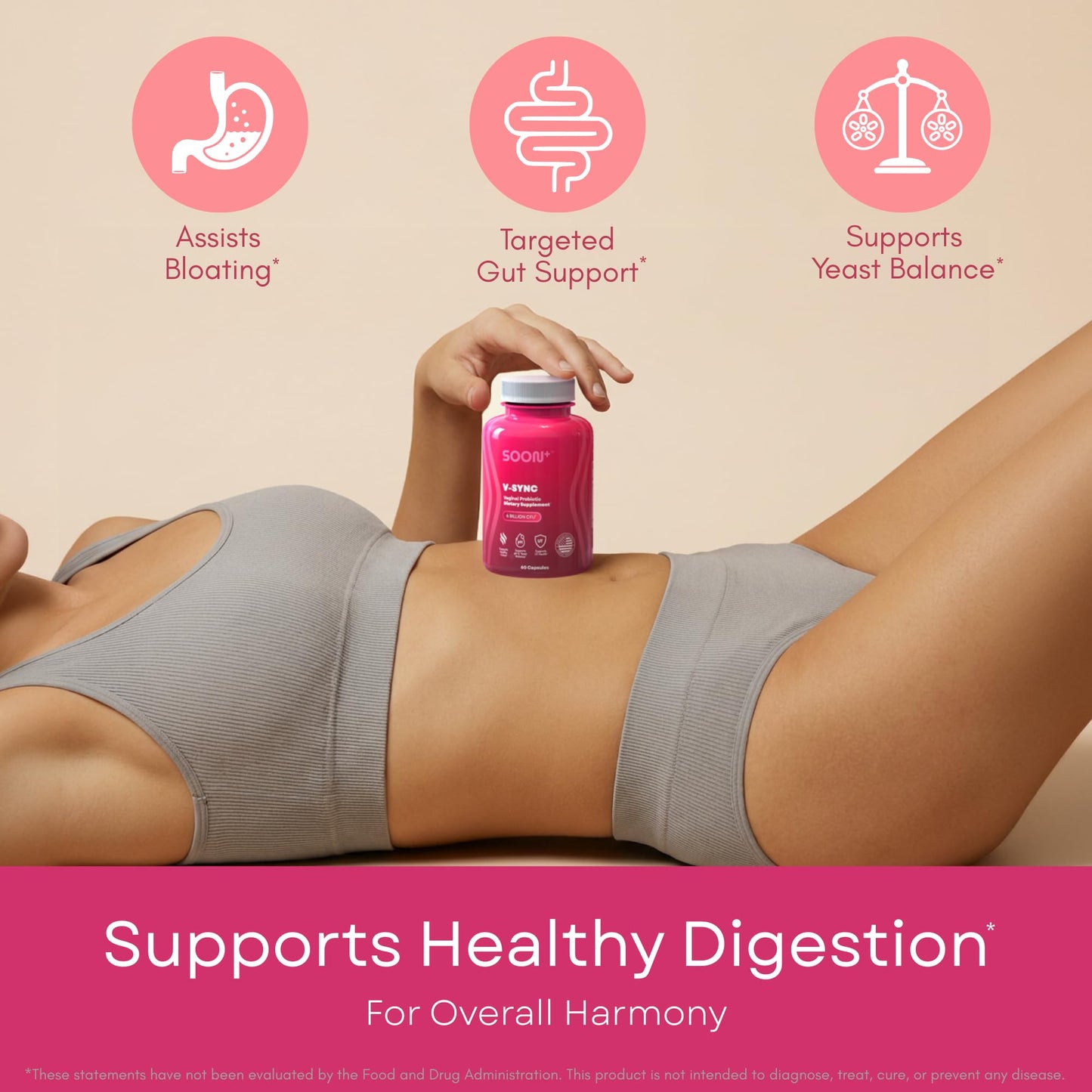 SOON+ Vaginal Probiotics for Women V-Sync with Lactobacillus, Cranberry & Prebiotics, 6 Billion CFU, 60 Capsules