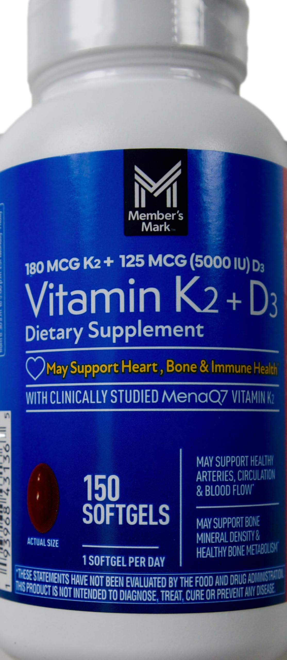 Member's Mark Vitamin K2 180 mcg + D3 125 mcg Softgels, 150 Count