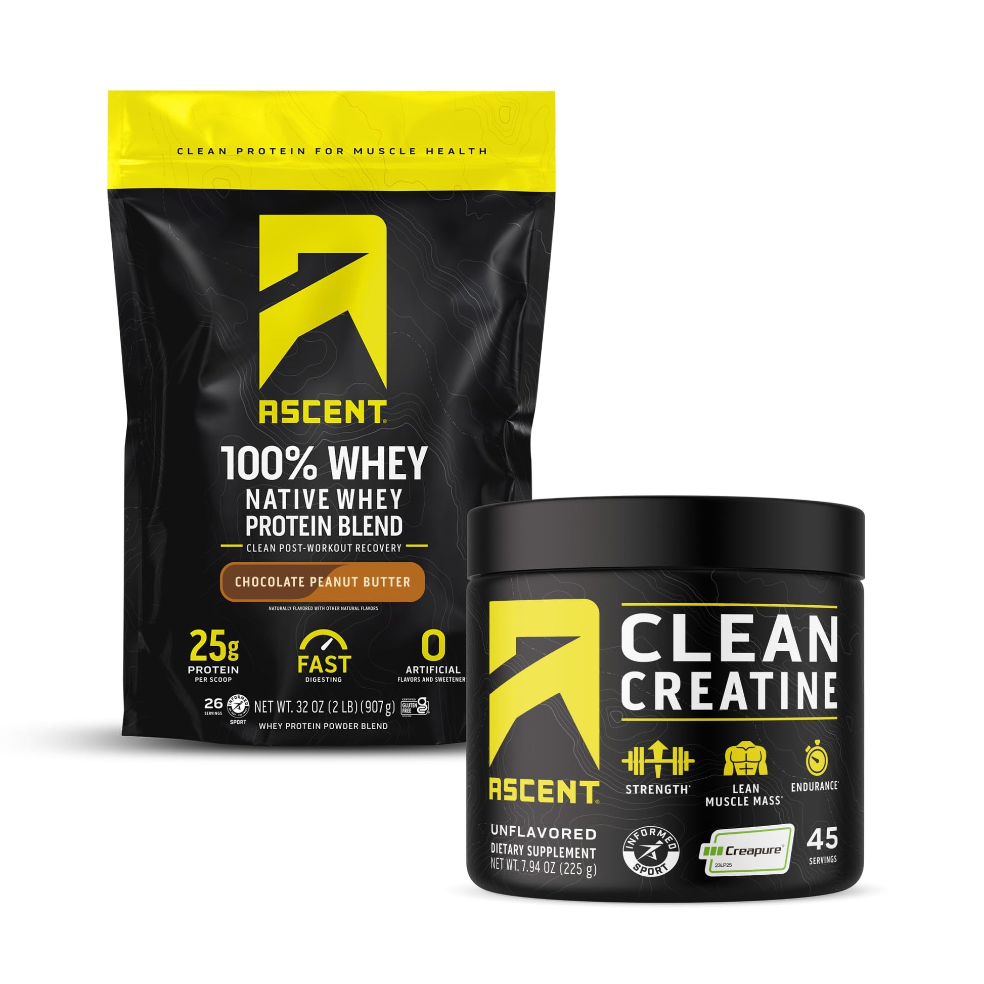 Ascent 100% Whey Protein Powder, Chocolate Peanut Butter, 2 lb & Creatine Monohydrate Powder, Unflavored, 45 Servings